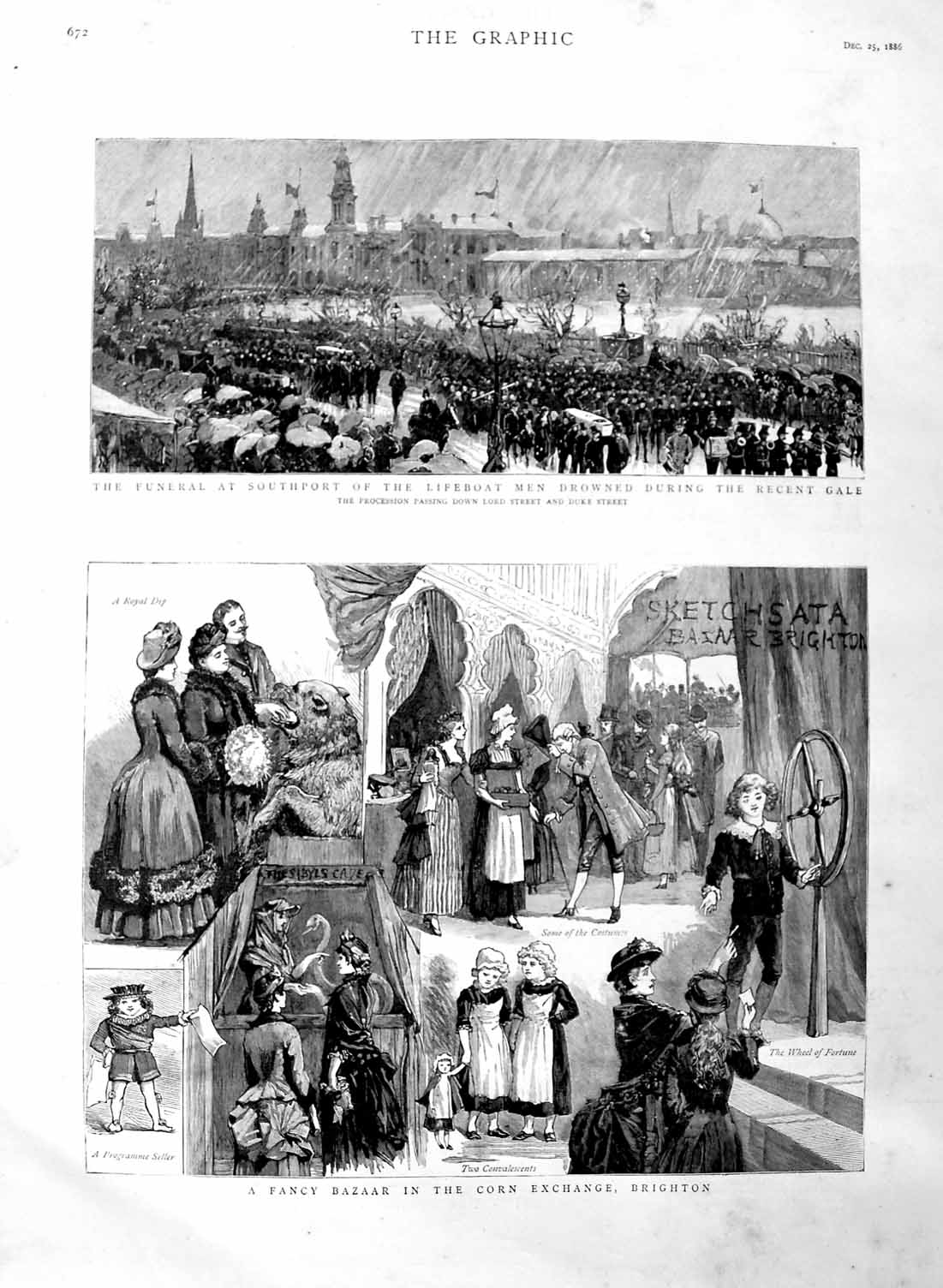 Original Old Antique Print 1886 Bazaar Corn Exchange Brighton Funeral So 19th