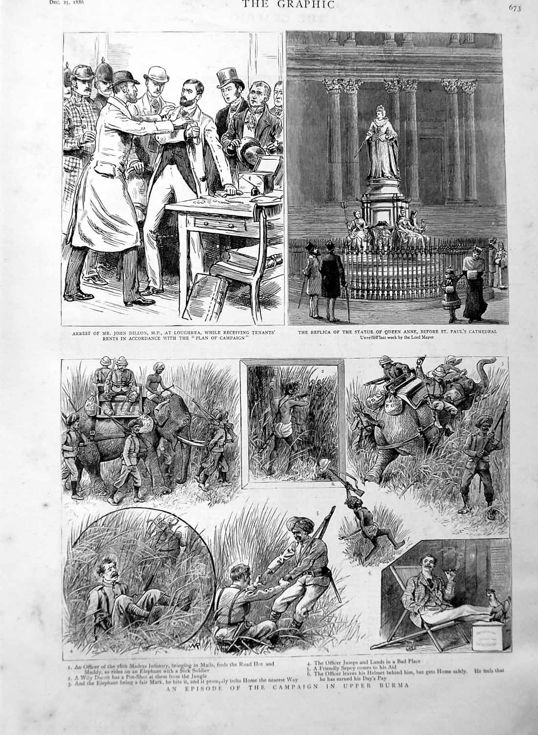 Original Old Antique Print 1886 Burma John Dillon Statue Queen Anne St. Paul'S