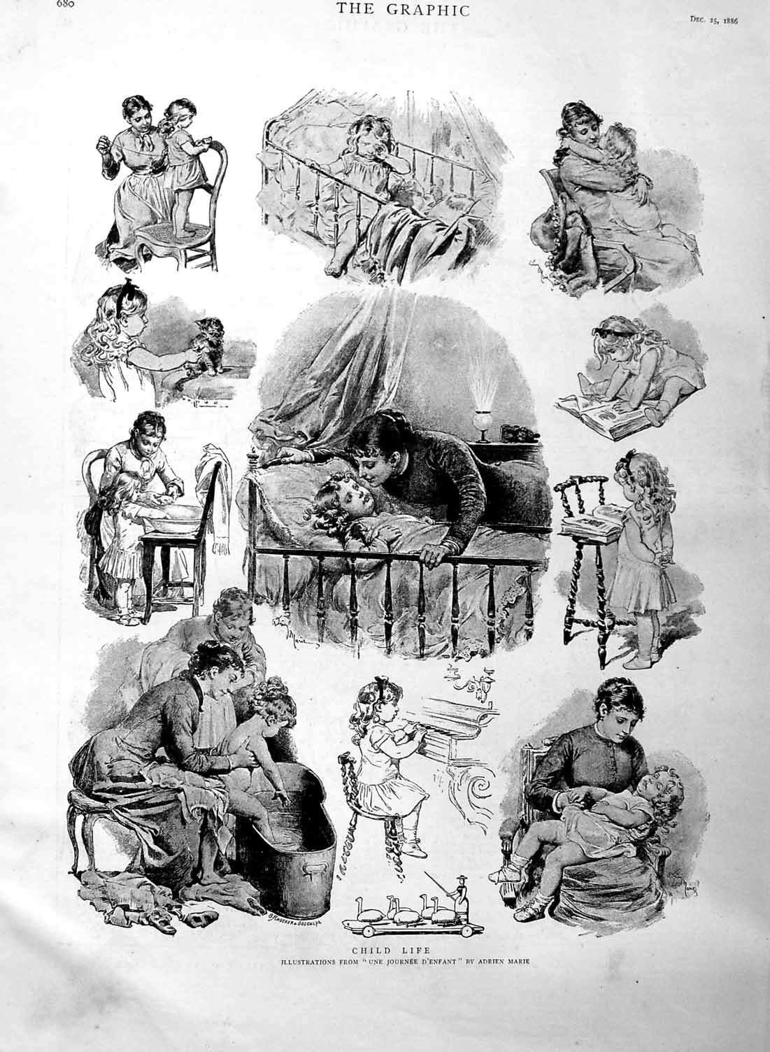 Original Old Antique Print 1886 Adrien Marie Children Babies Cot Beds Bath 19th