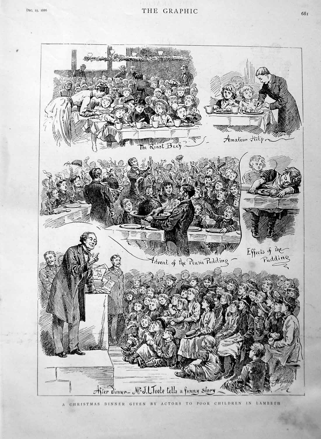 Original Old Antique Print 1886 Christmas Dinner Actors Poor Children Lambeth