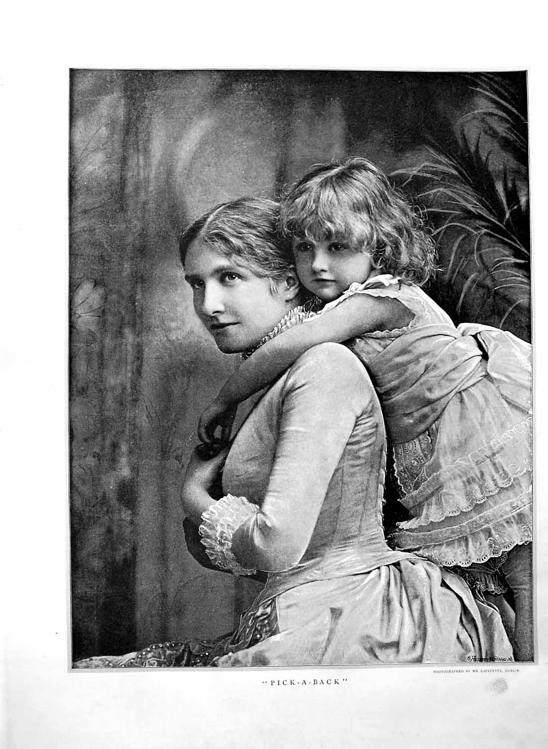 Original Old Antique Print 1886 Photograph Mother Little Girl Pick-A-Back 19th