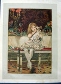 Original Old Antique Print 1886 Colour Little Girl Christmas Dinner Table 19th