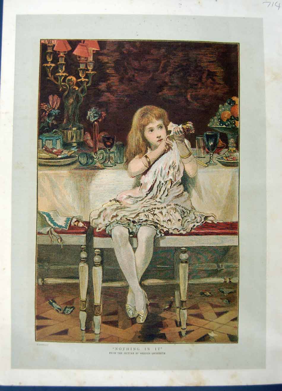 Original Old Antique Print 1886 Colour Little Girl Christmas Dinner Table 19th
