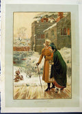 Original Old Antique Print 1886 Colour Lady Man Romance Winter Scene Victorian