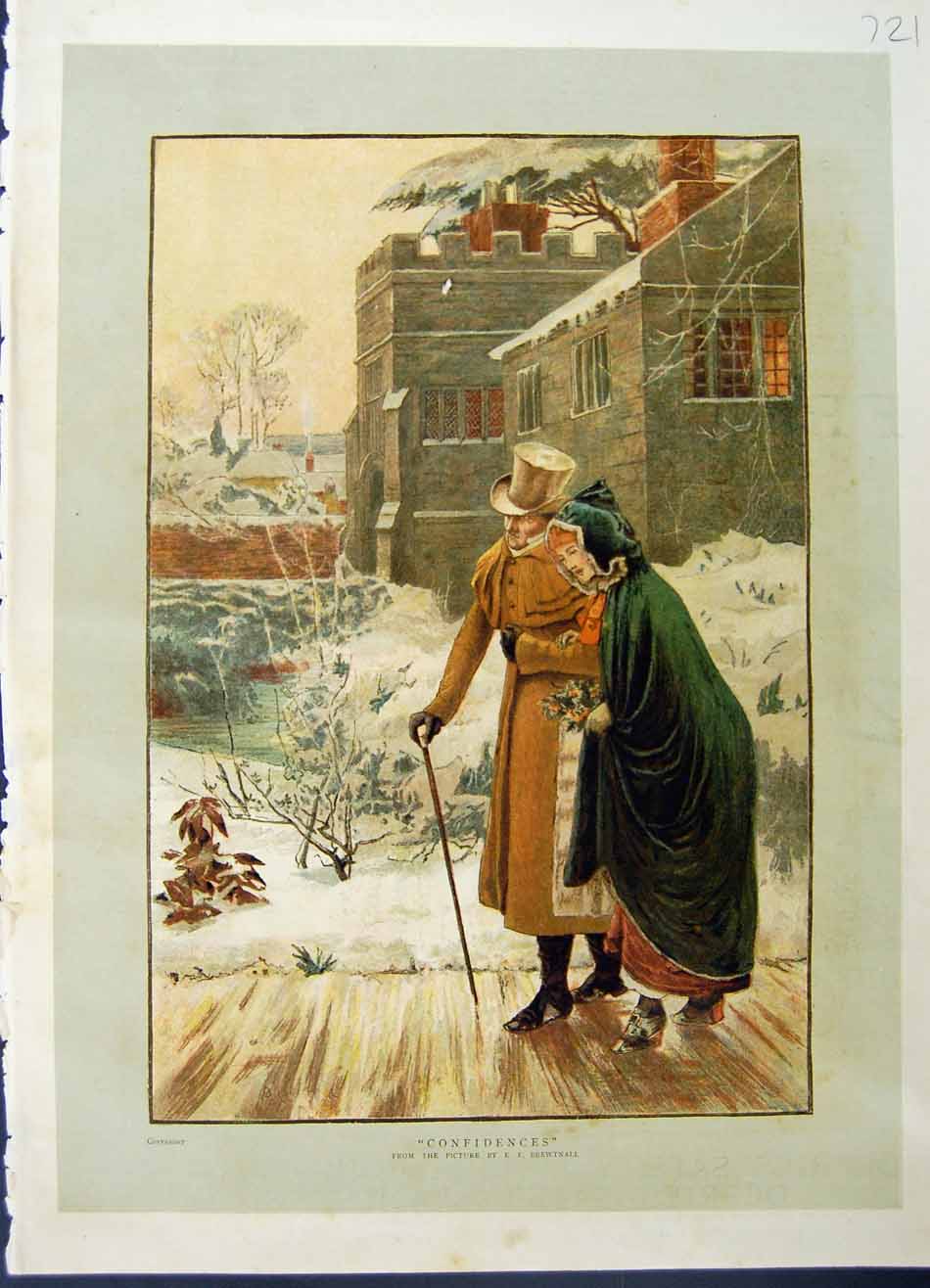 Original Old Antique Print 1886 Colour Lady Man Romance Winter Scene Victorian