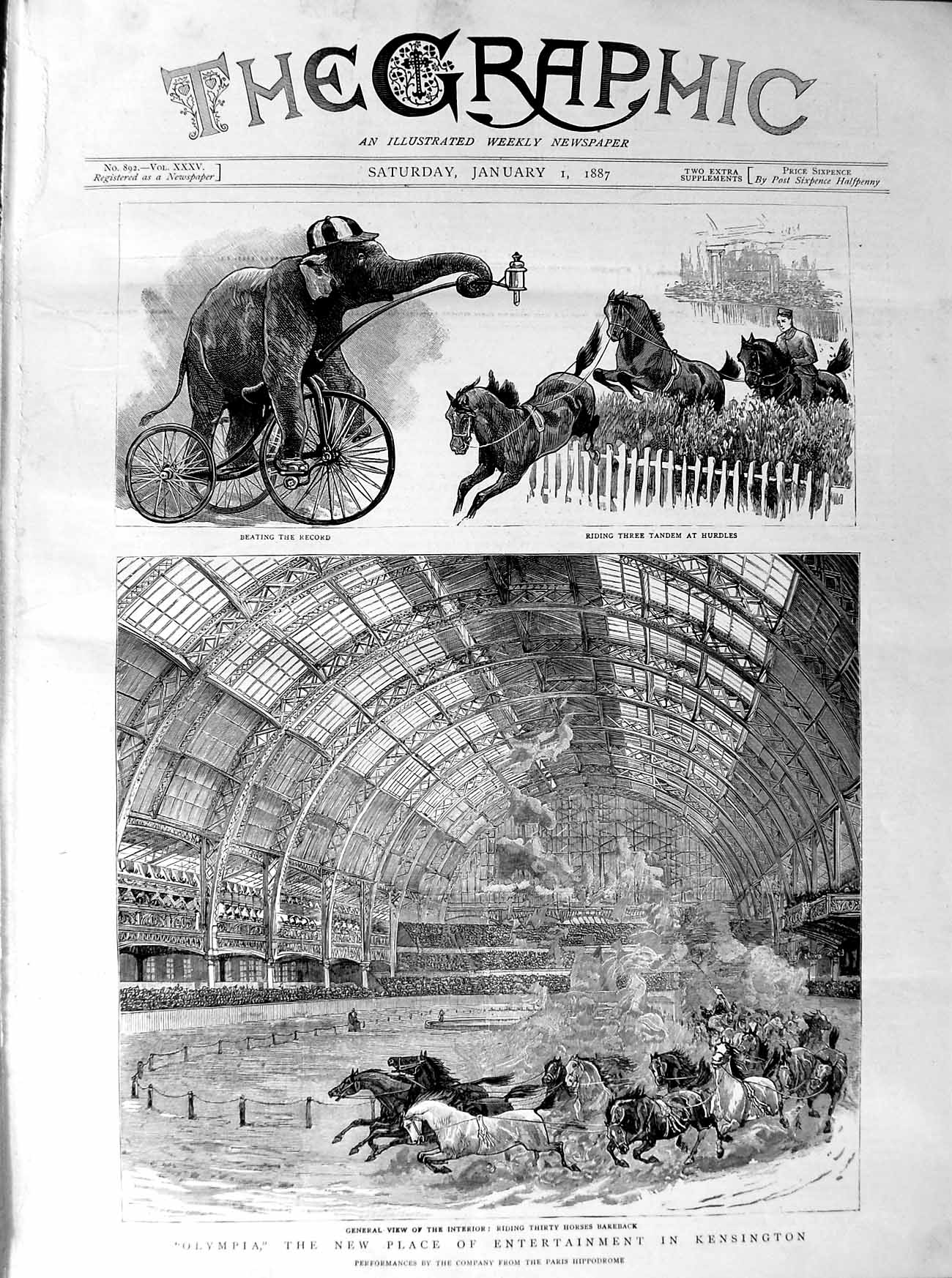 Original Old Antique Print 1887 Olympia Place Entertainment Kensington Horses