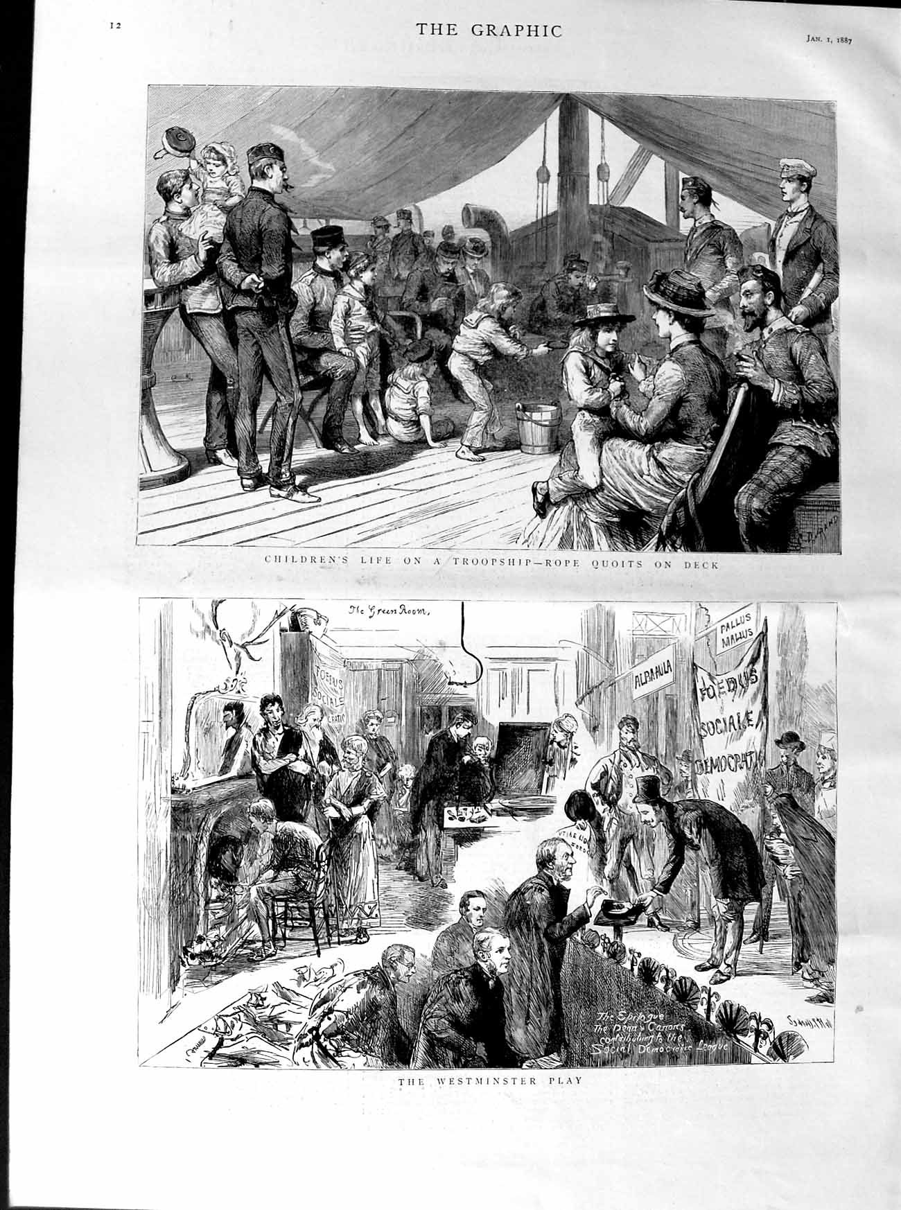 Antique Old Print *3098 1887 Westminster Play Children Troopship Rope Quoits