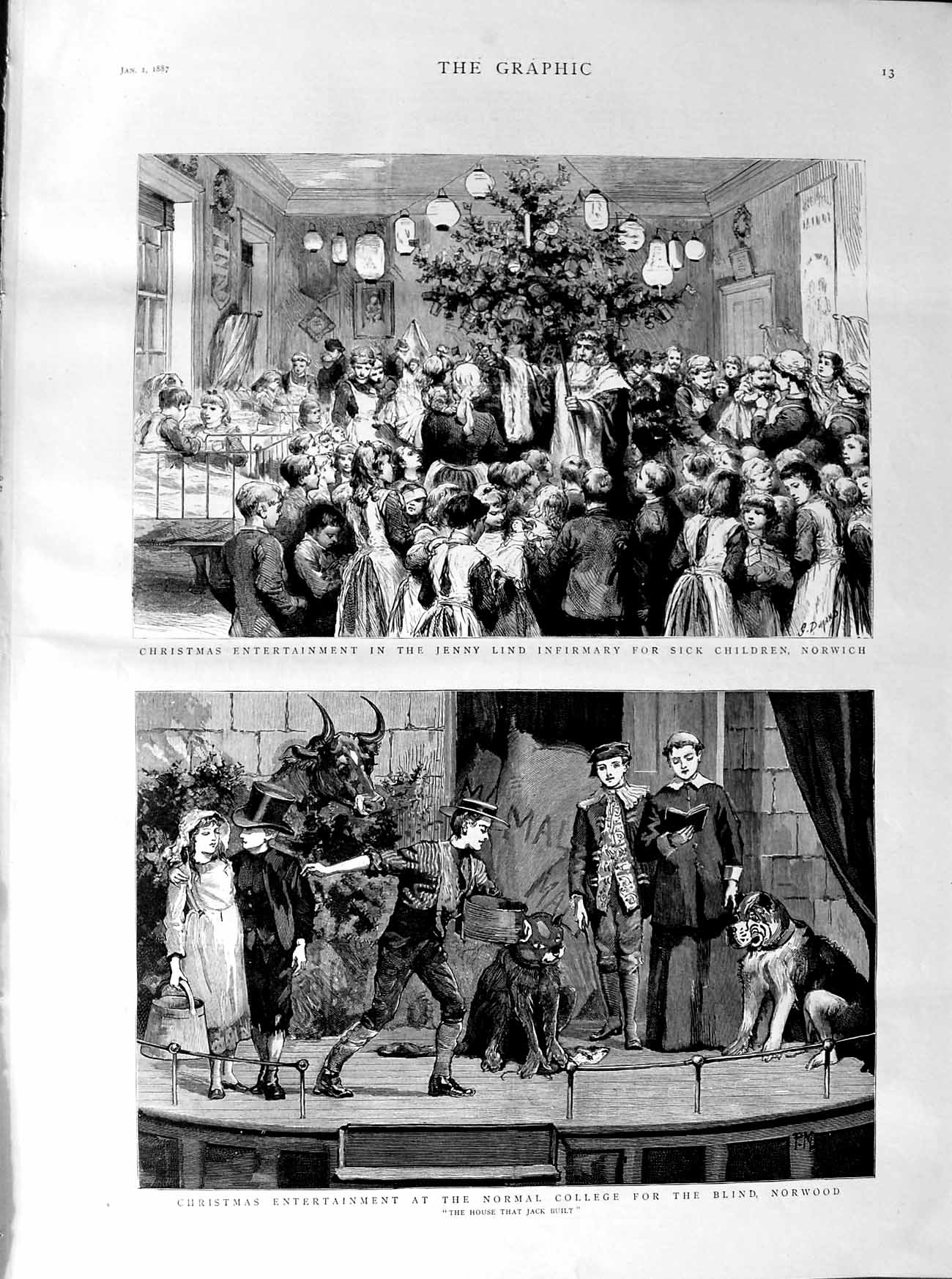 Original Old Antique Print 1887 Christmas Jenny Lind Hospital Norwich Norwood