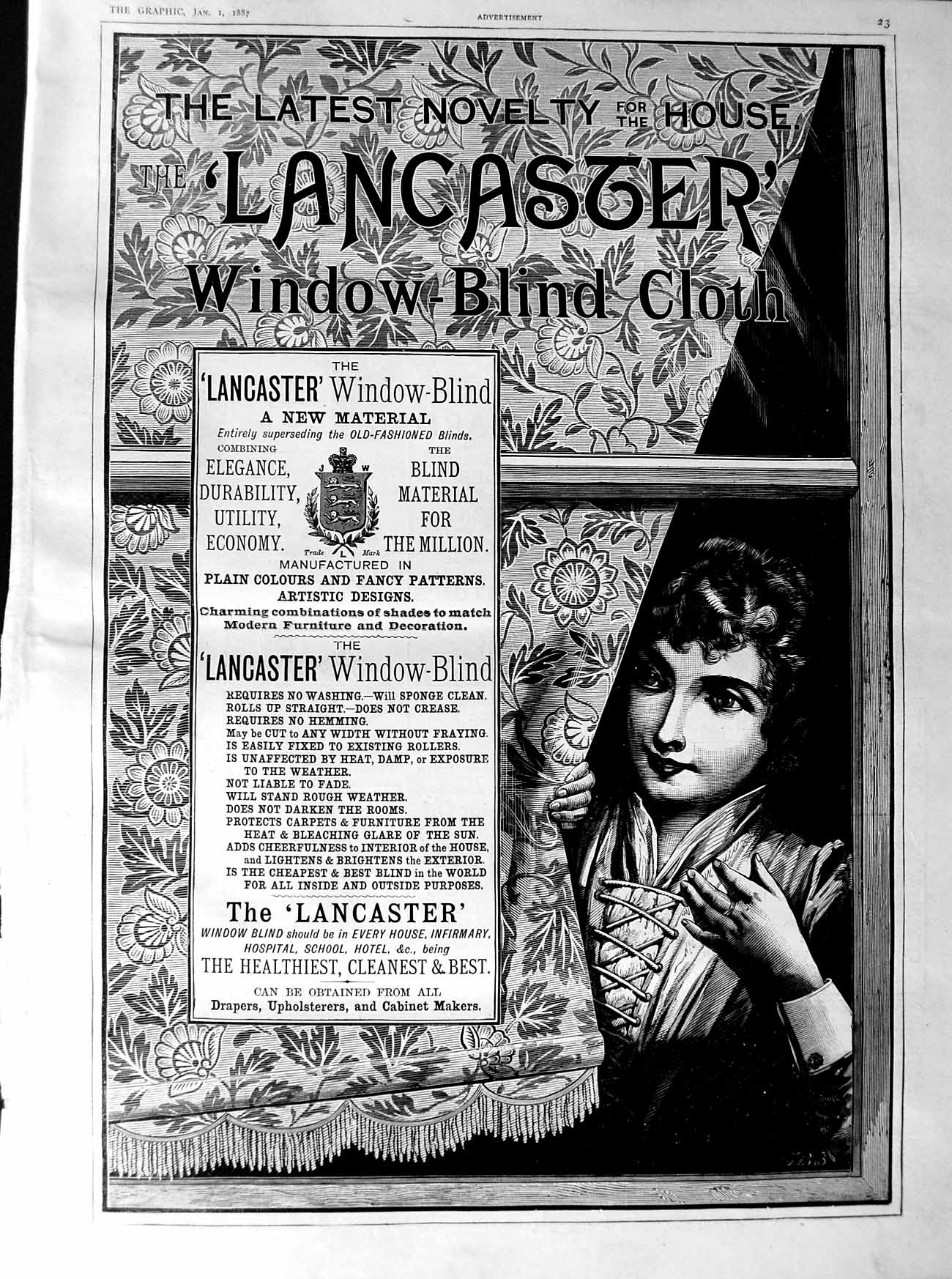 Original Old Antique Print 1887 Advertisement Lancaster Window Blind Cloth 19th
