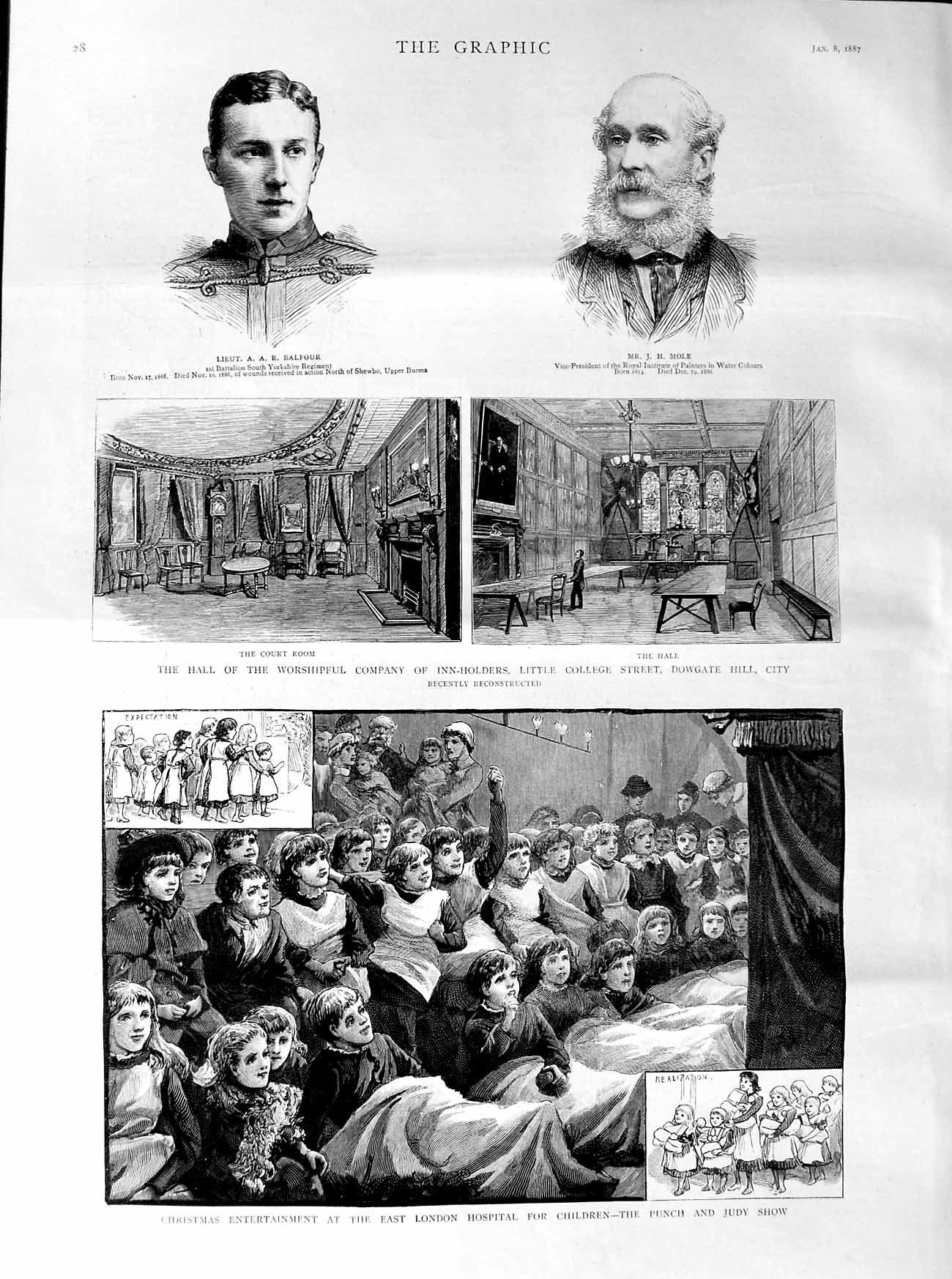 Original Old Antique Print 1887 Punch Judy London Hospital Dowgate Balfour Mole