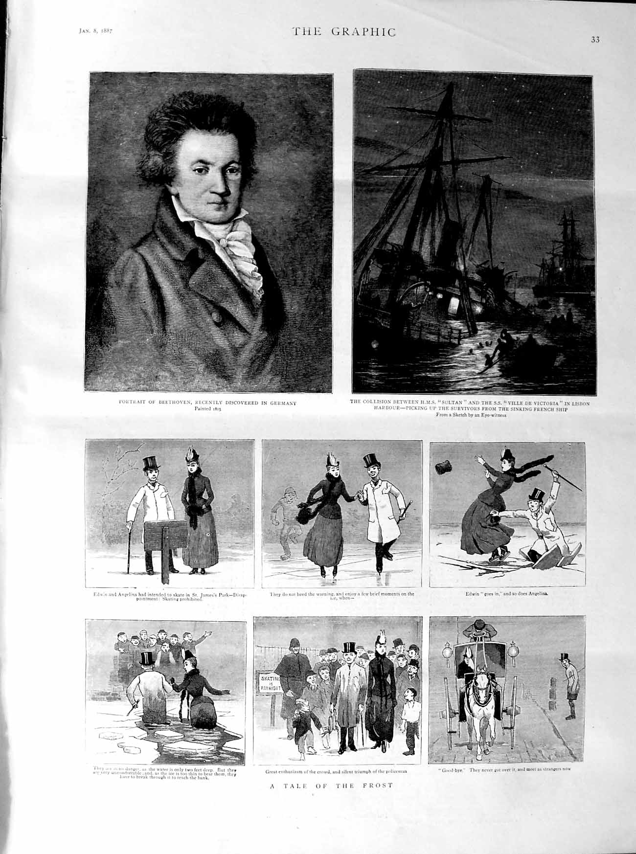 Original Old Antique Print 1887 Winter Frost Beethoven Ships Sultan Ville V 19th