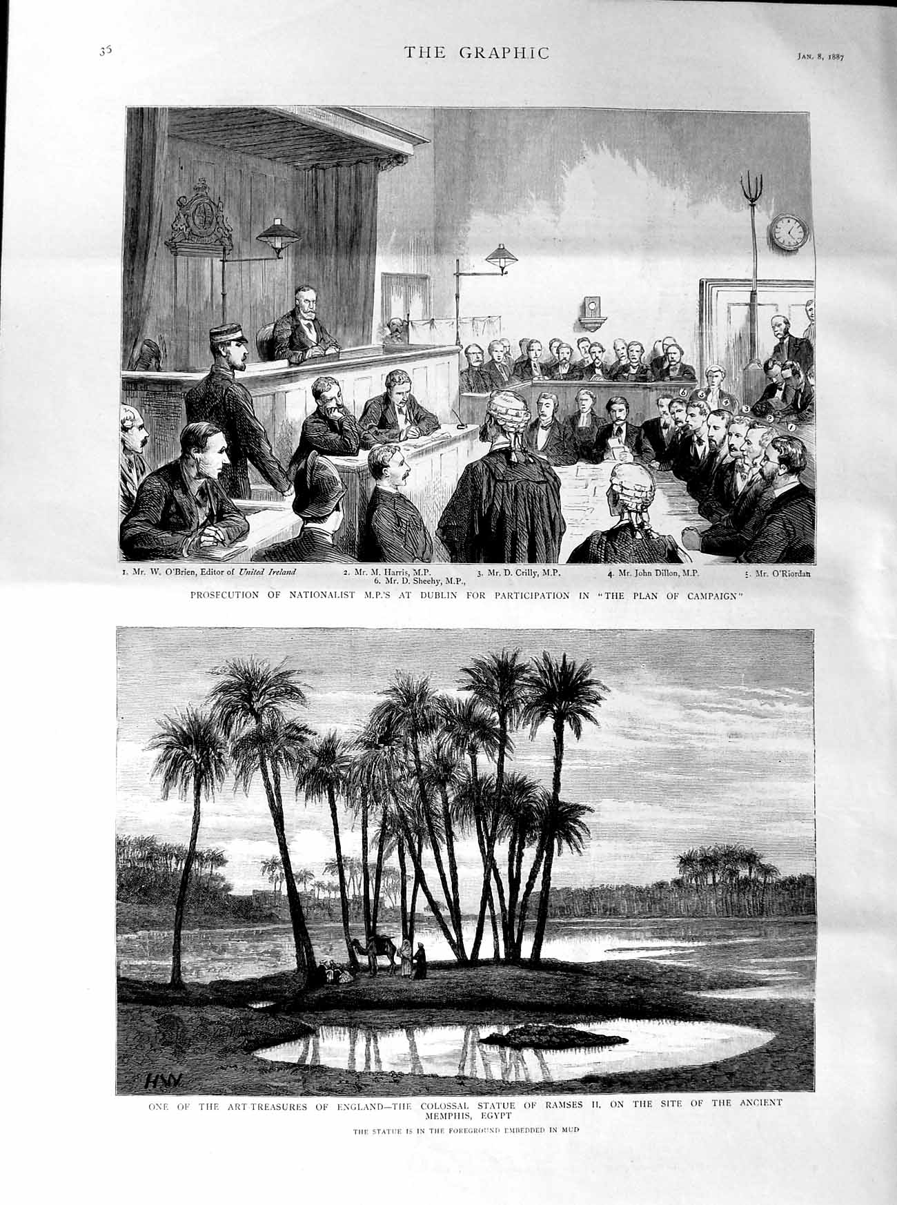 Original Old Antique Print 1887 Statue Ramses Memphis Egypt Nationalist Ireland