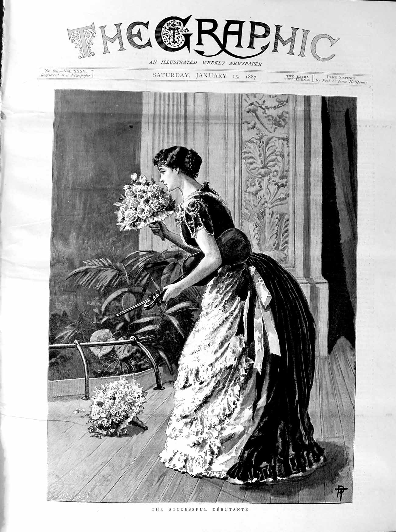 Original Old Antique Print 1887 Fine Art Beautiful Lady Debutante Flowers 19th