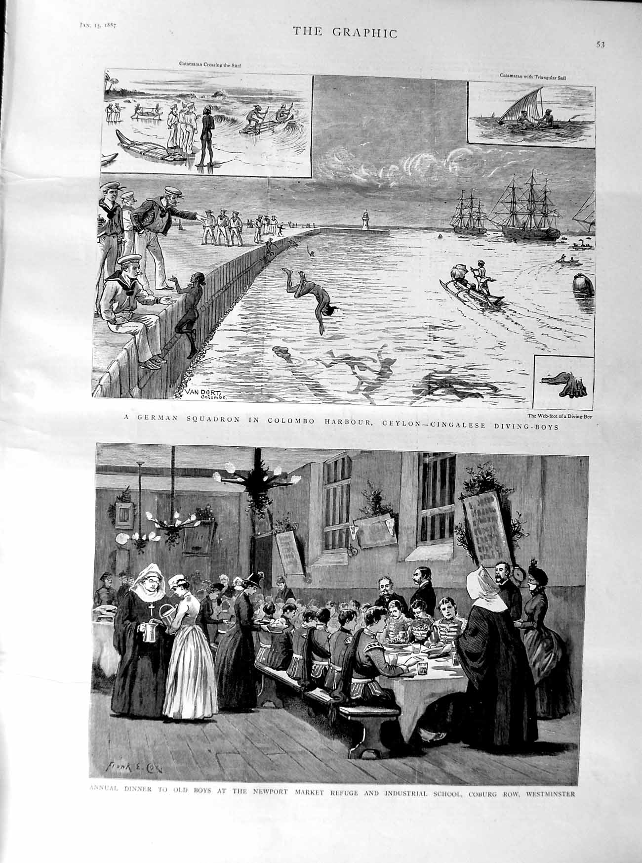 Old Antique Print 1887 Colombo Harbour Ceylon Westminster Newport School 19th