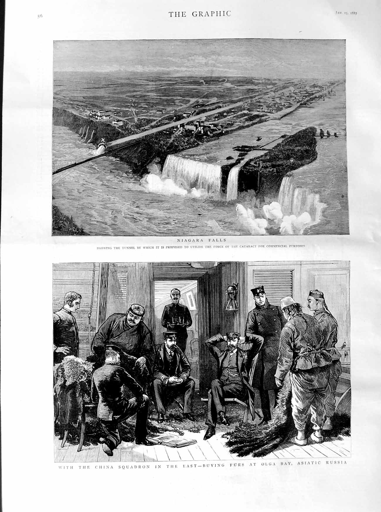 Old Antique Print 1887 Niagara Falls Tunnel Furs Olga Bay Asiatic Russia 19th