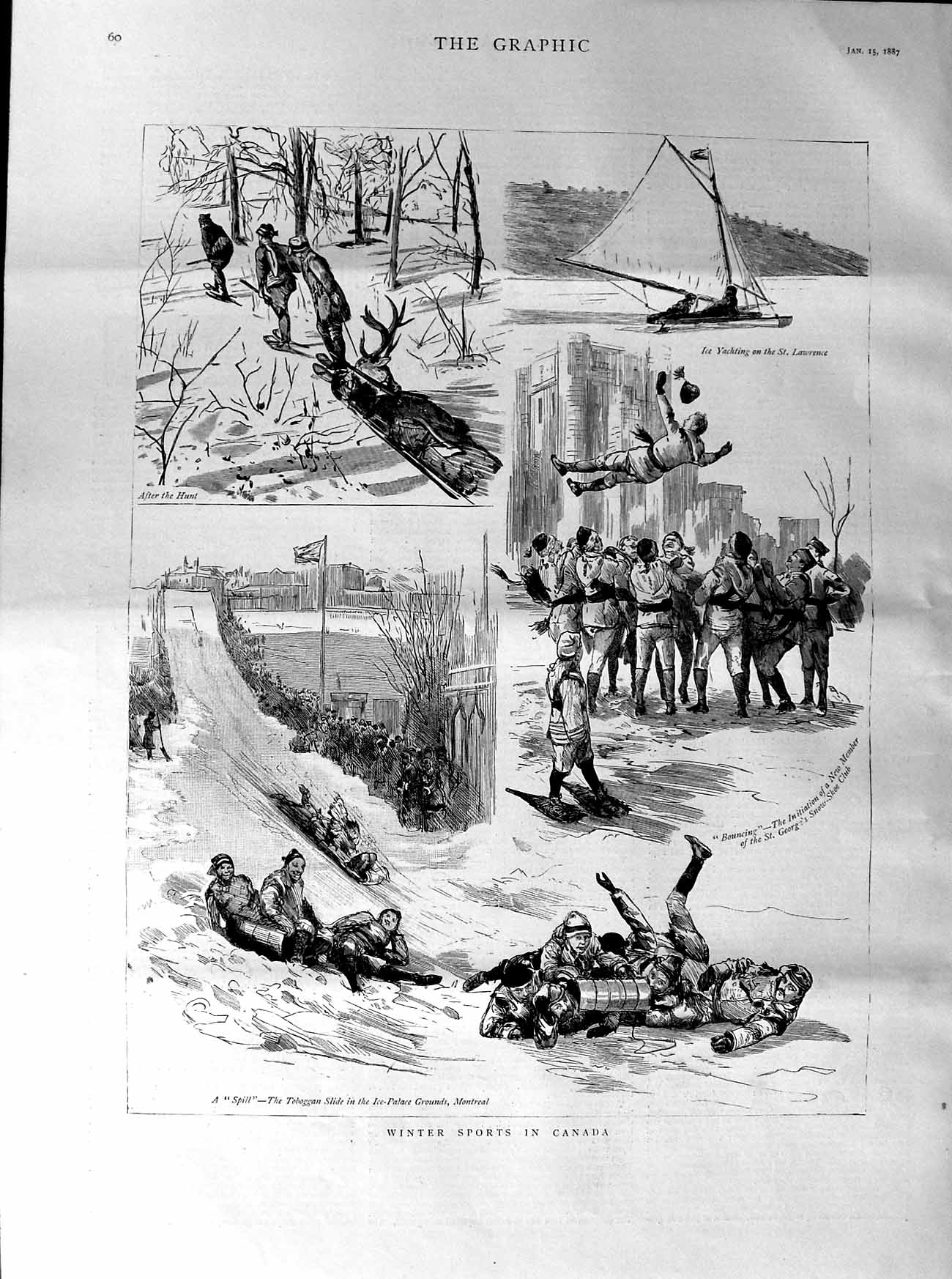 Old Antique Print 1887 Winter Sports Canada Toboggan Montreal Ice-Palace 19th