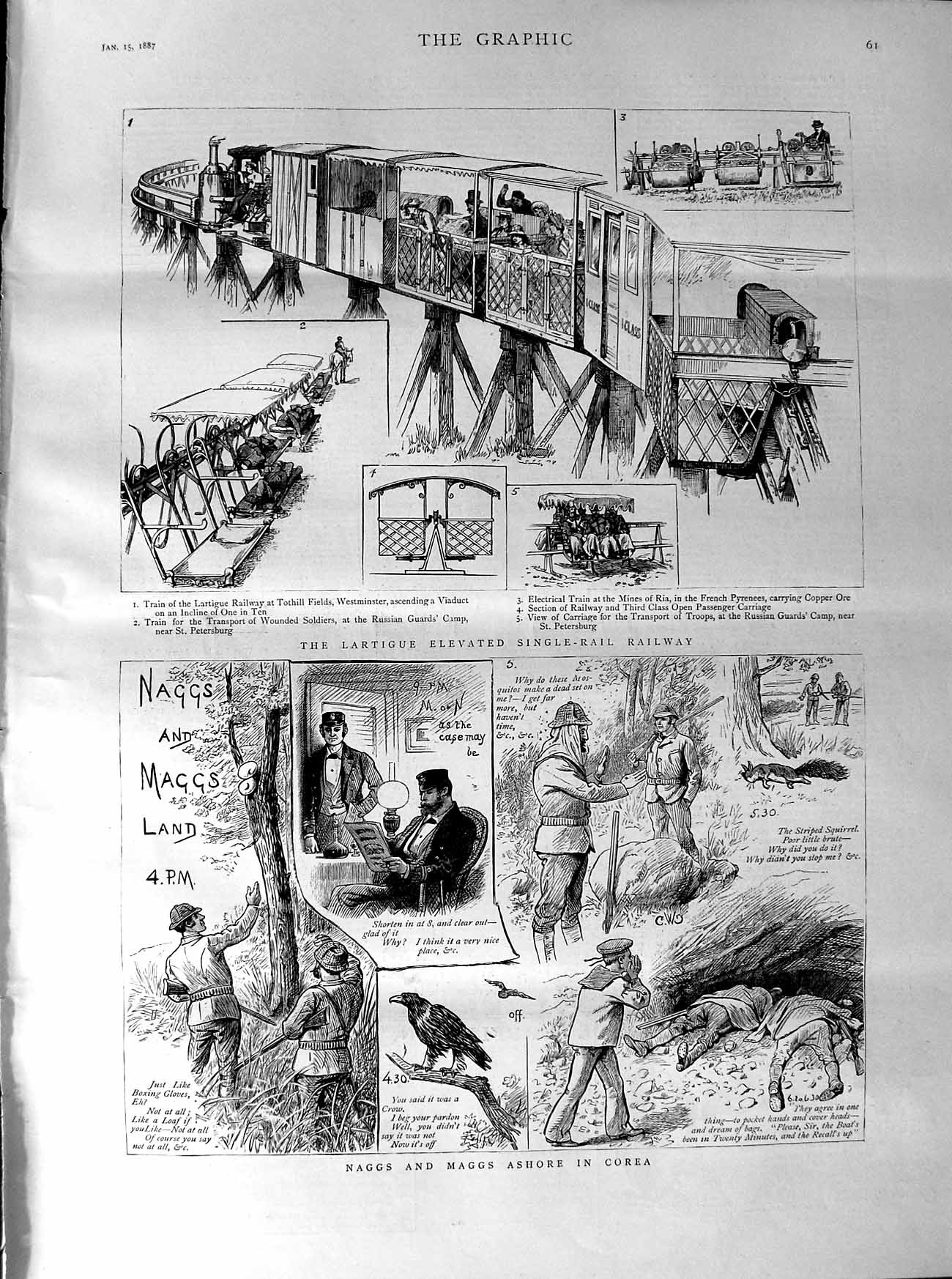 Original Old Antique Print 1887 Lartigue Single-Rail Railway Corea Siers Birds