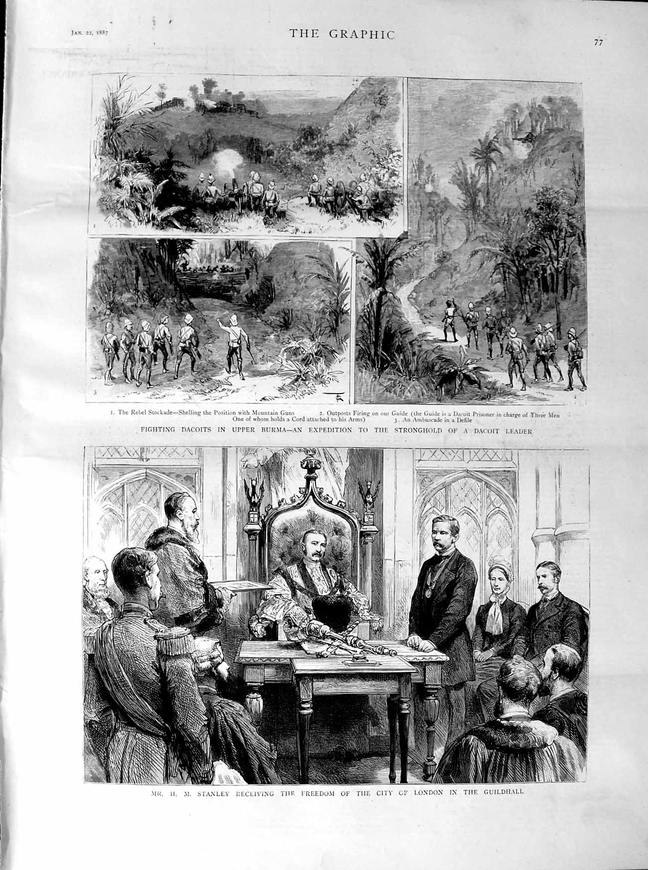 Original Old Antique Print 1887 Dacoits Burma Stanley Freedom London Guildhall