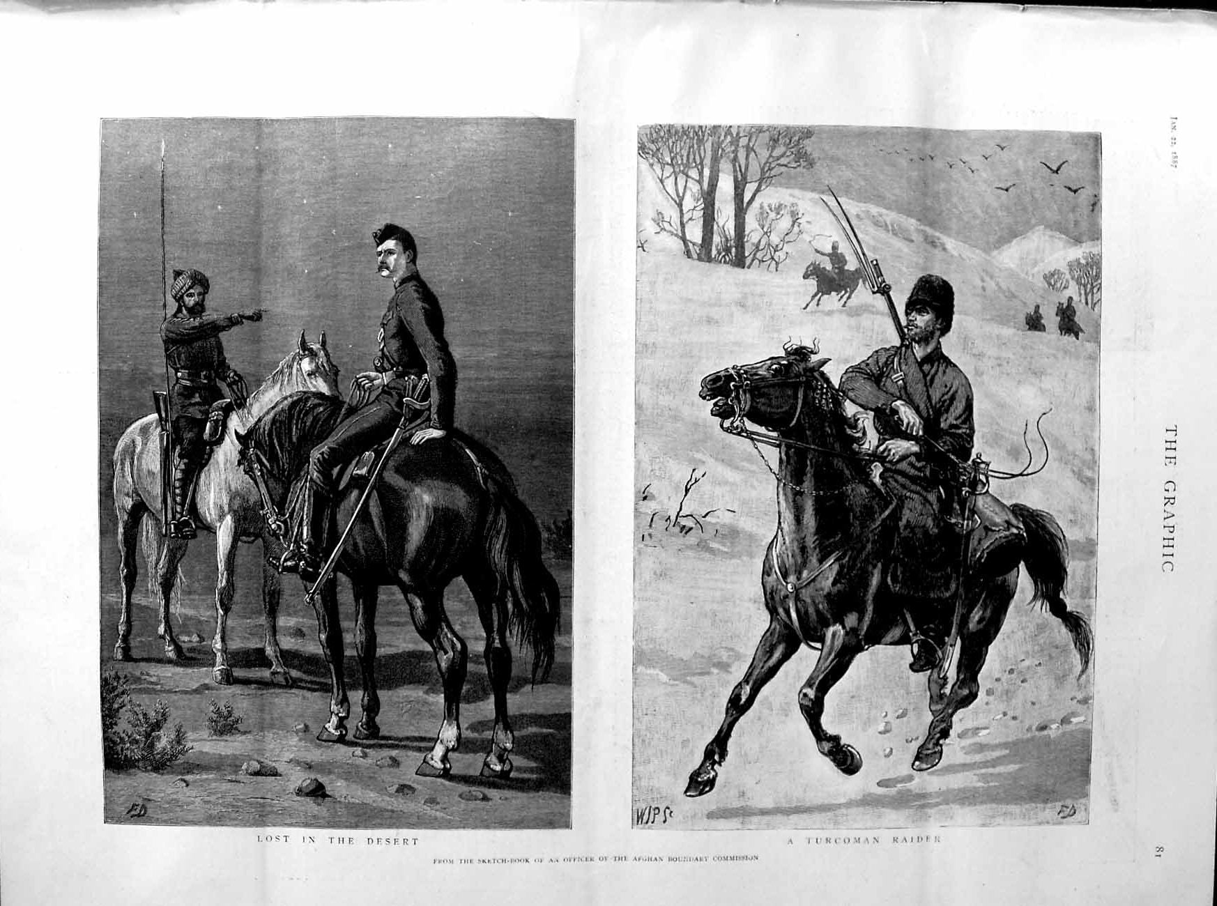 Old Antique Print 1887 Afghan Boundary Commission Turcoman Raider Horses 19th