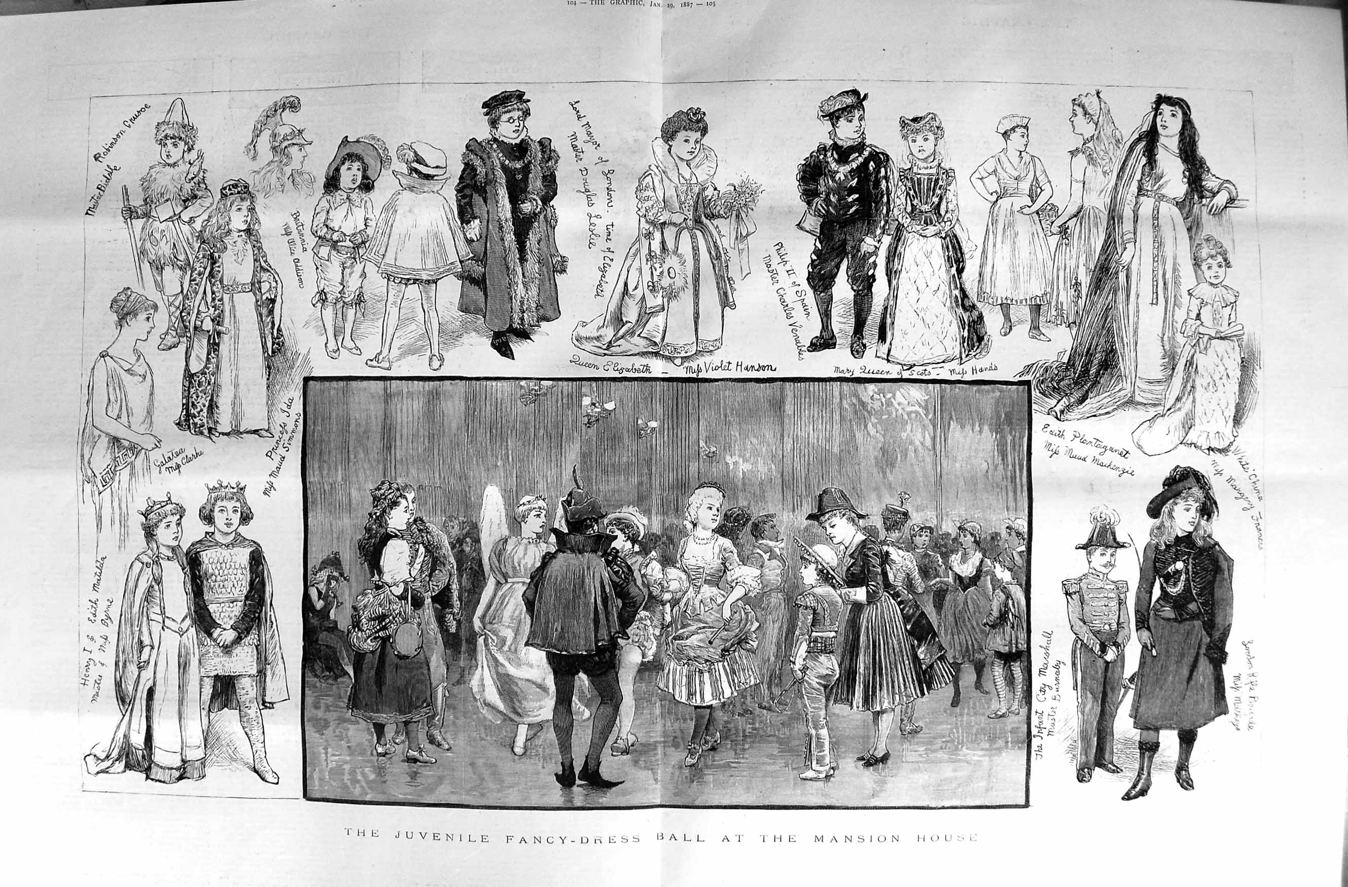 Old Antique Print 1887 Children Fancy Dress Ball Mansion House Costumes 19th