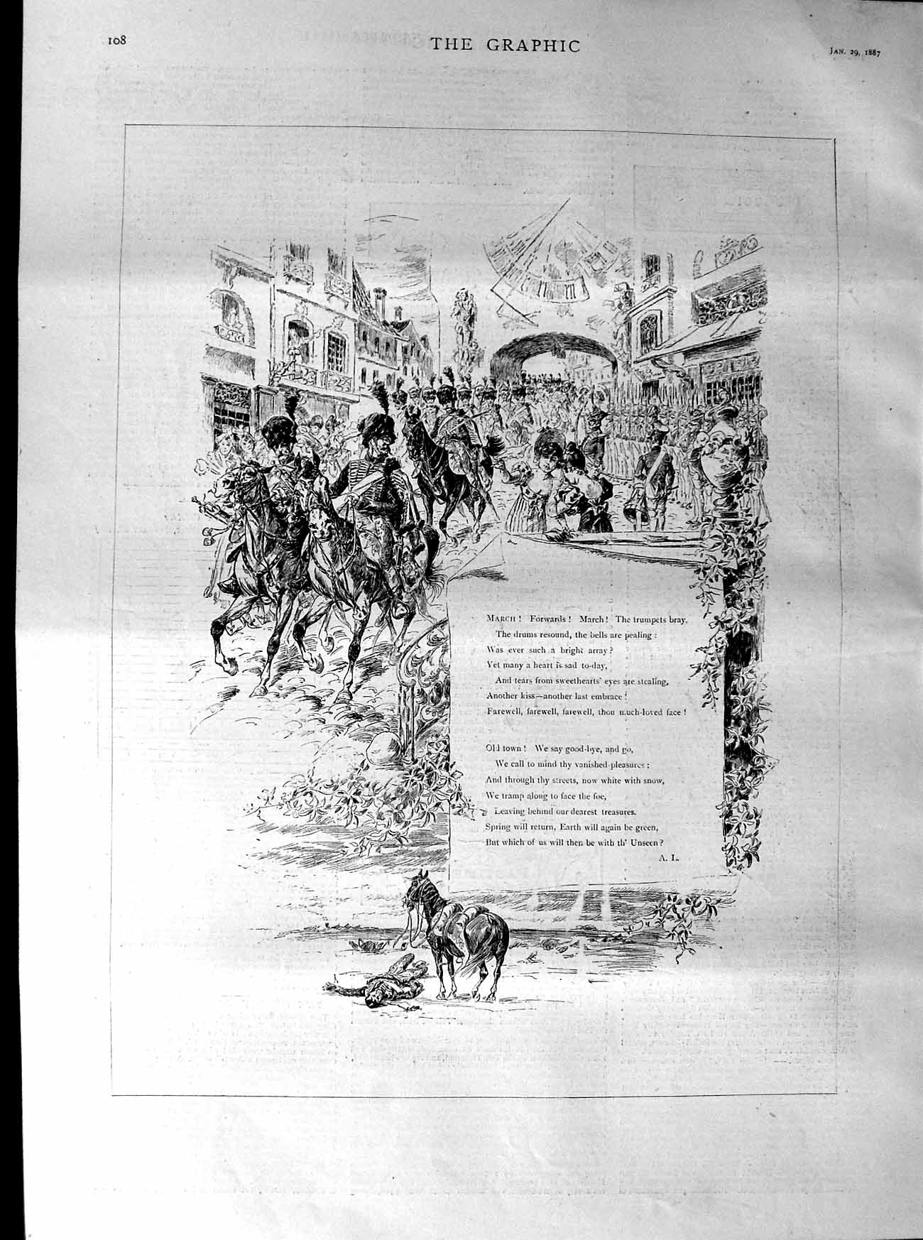 Original Old Antique Print 1887 Siers Marching Street Music Poem 19th