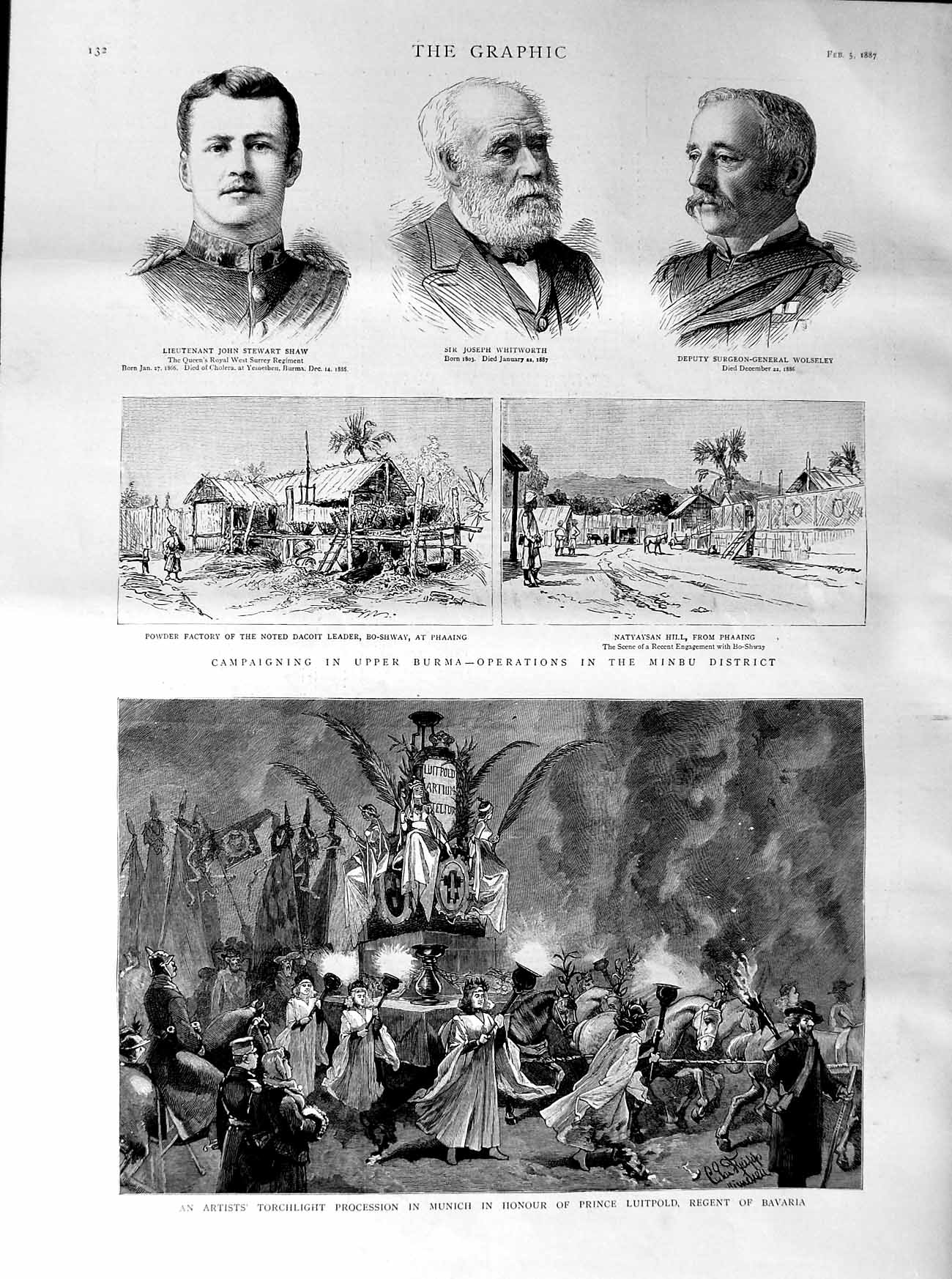 Original Old Antique Print 1887 Munich LuitpBurma Minbu Shaw Whitworth Men 19th