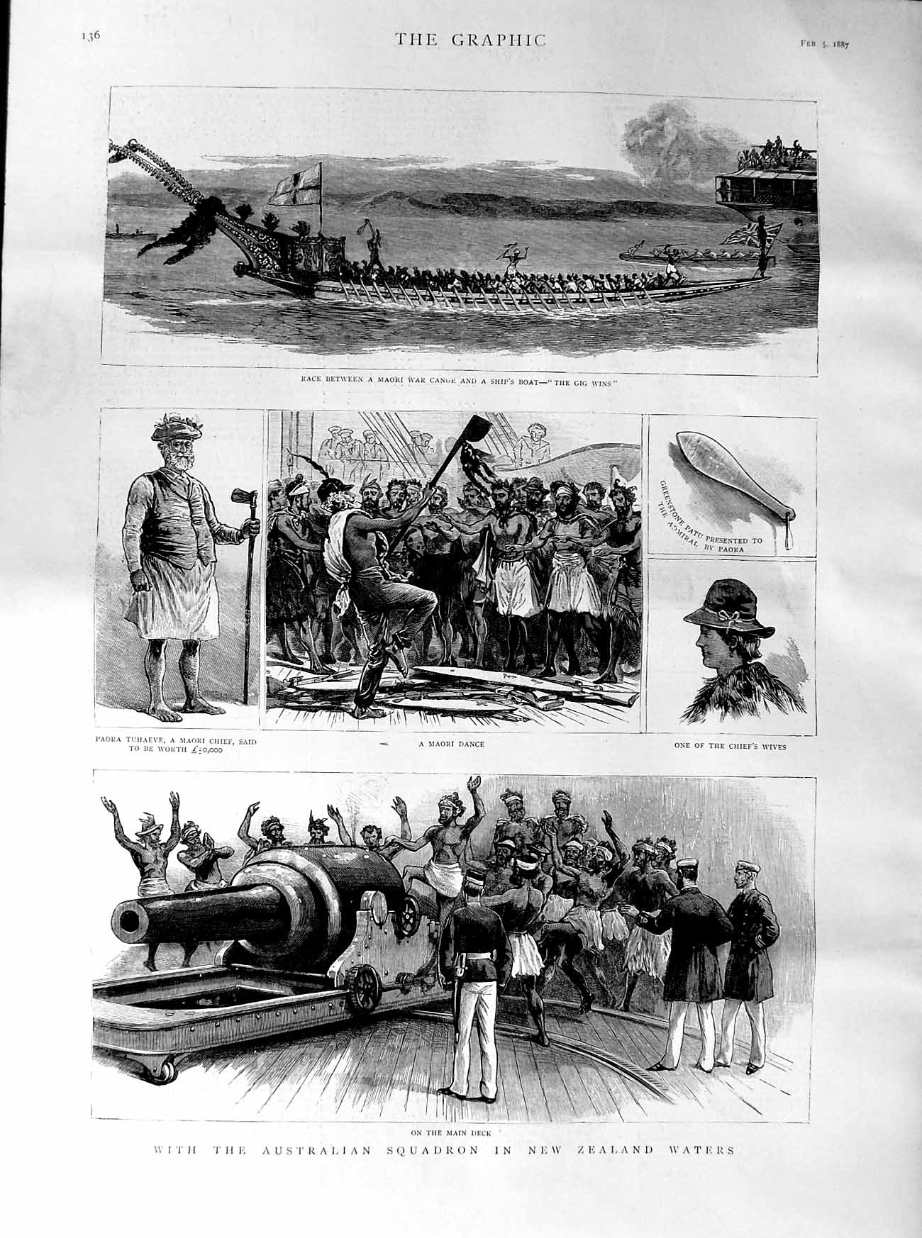 Original Old Antique Print 1887 Australian Squadron New Zealand Maori Canoe War