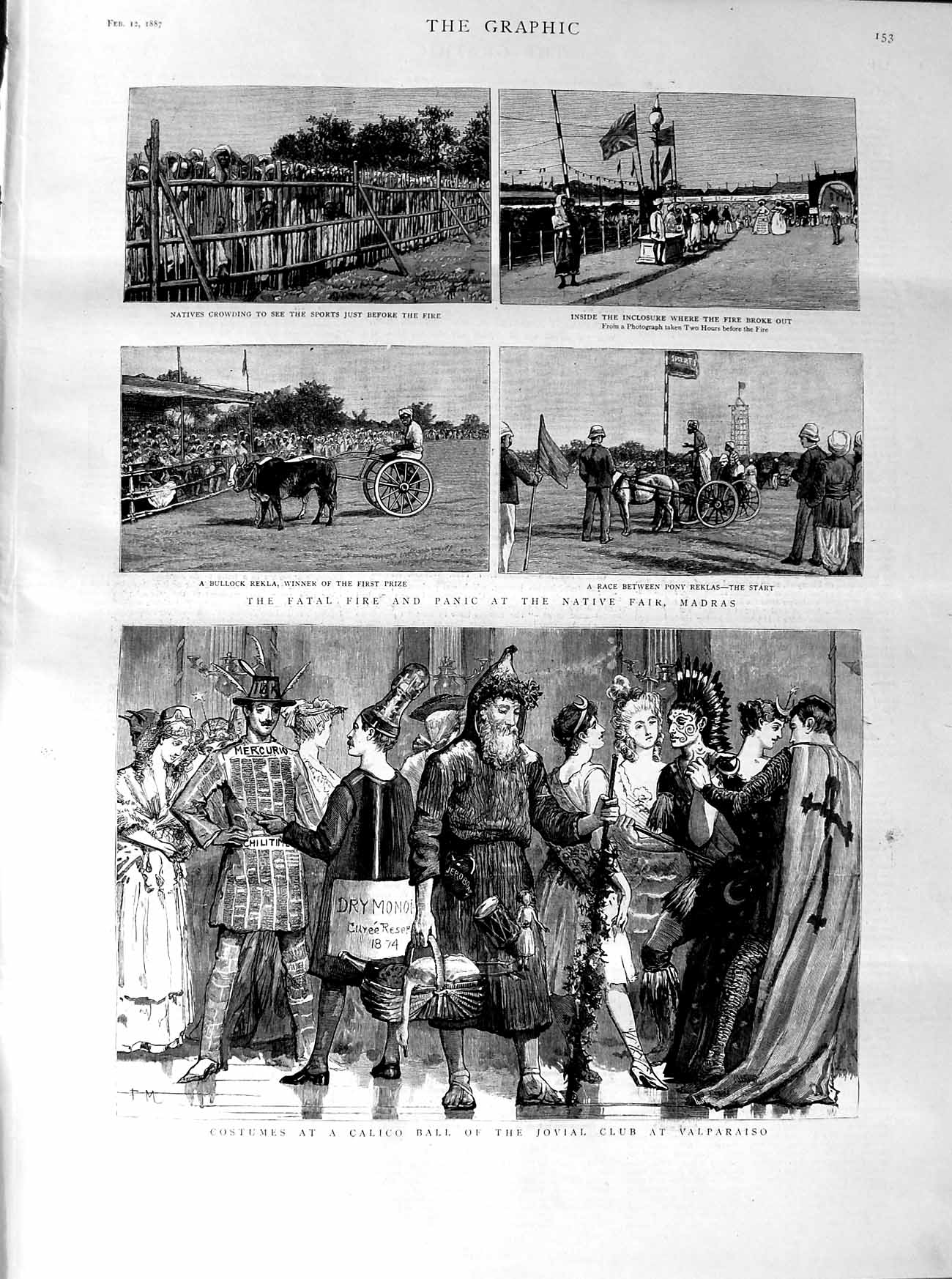 Old Antique Print 1887 Costume Calico Ball Valparaiso Madras Fire Animals 19th