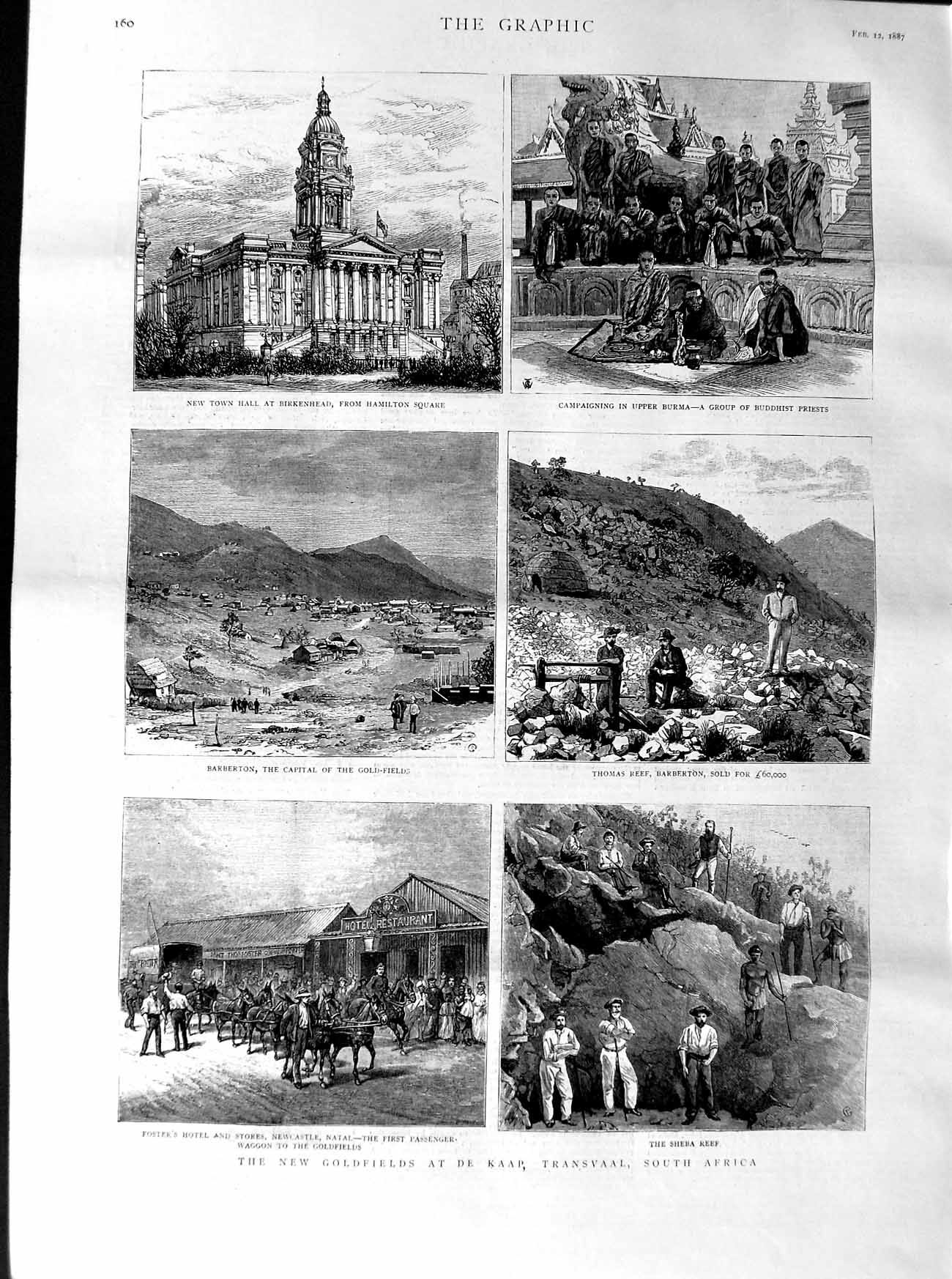 Original Old Antique Print 1887 Gfields De Kaap Transvaal Africa Barberton Hall