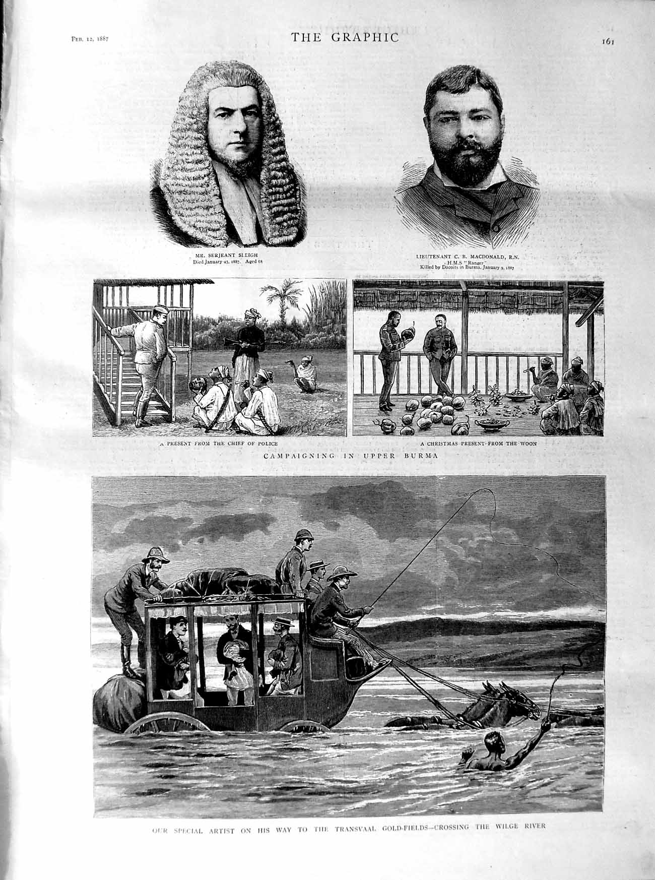 Original Old Antique Print 1887 Wilge Transvaal GBurma Sleigh Macdonald War