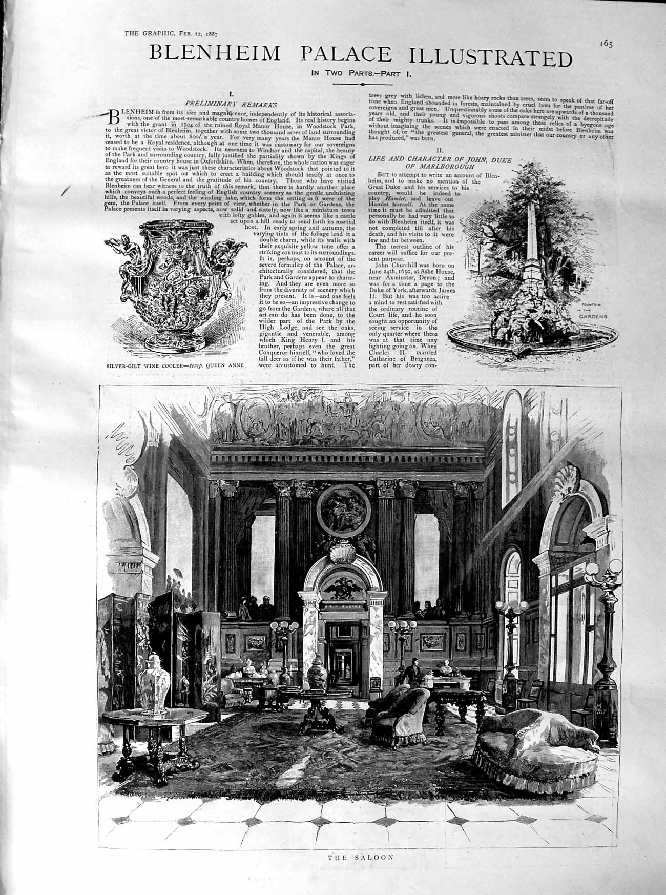 Original Old Antique Print 1887 Blenheim Palace Saloon Chapel Italian Garden