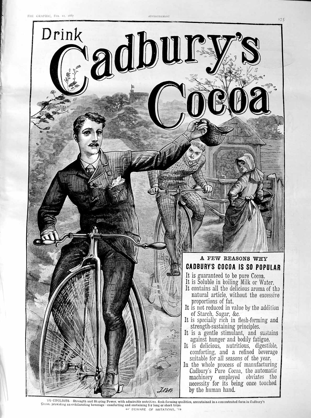 Original Old Antique Print 1887 Advertisement Cadburys Cocoa Drinking Ch 19th