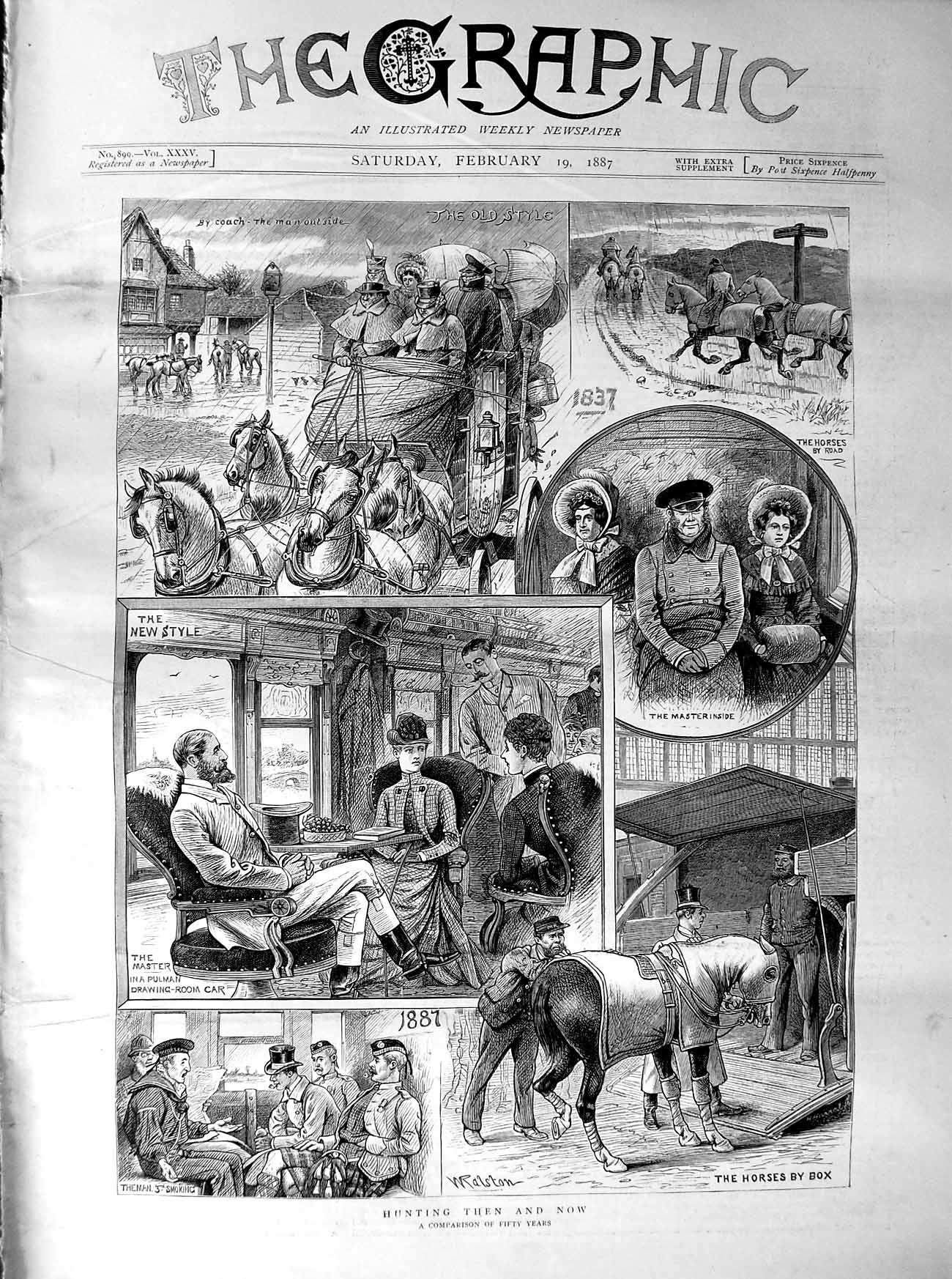 Original Old Antique Print 1887 Railway Train Pulman Car Theman Horses Hunting