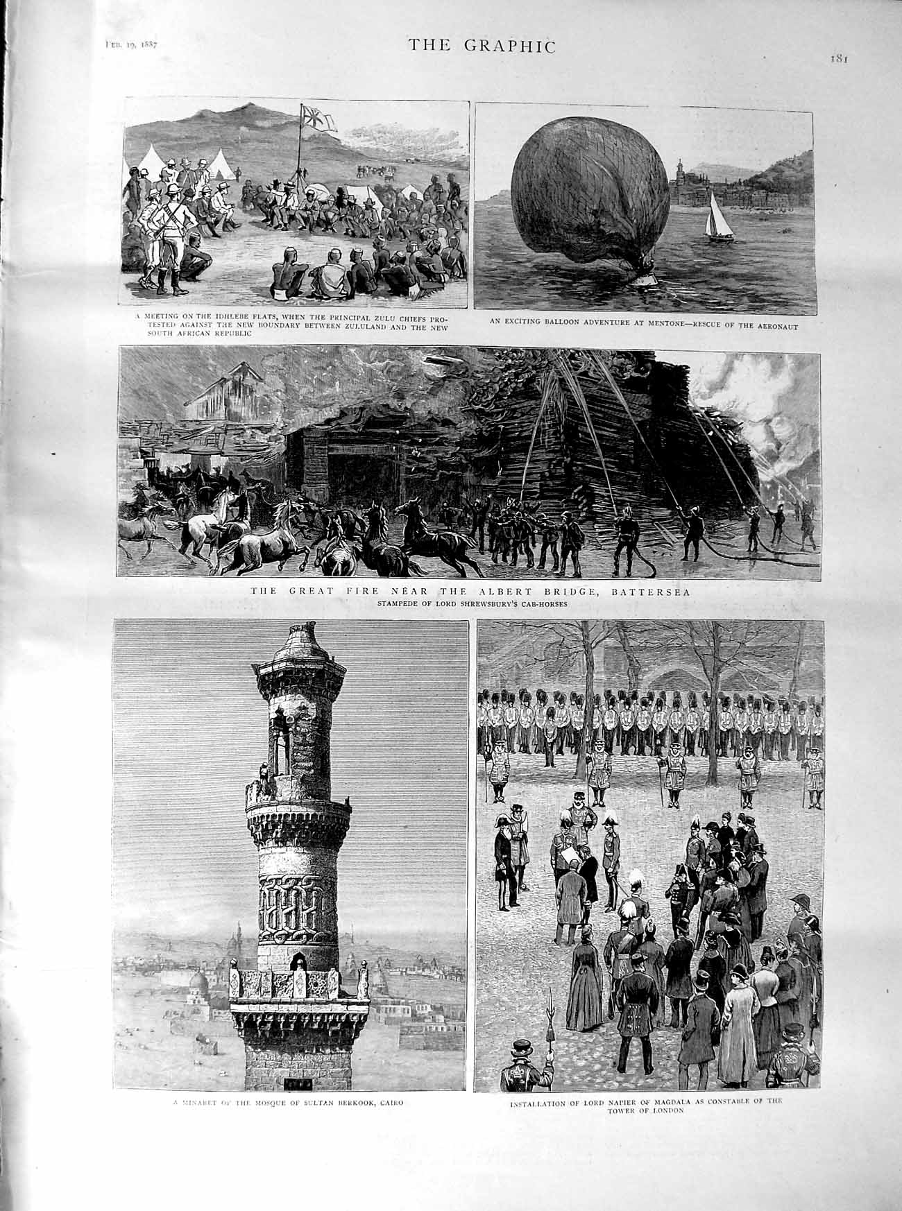 Old Antique Print 1887 Mosque Sultan Cairo Napier Tower London Battersea 19th
