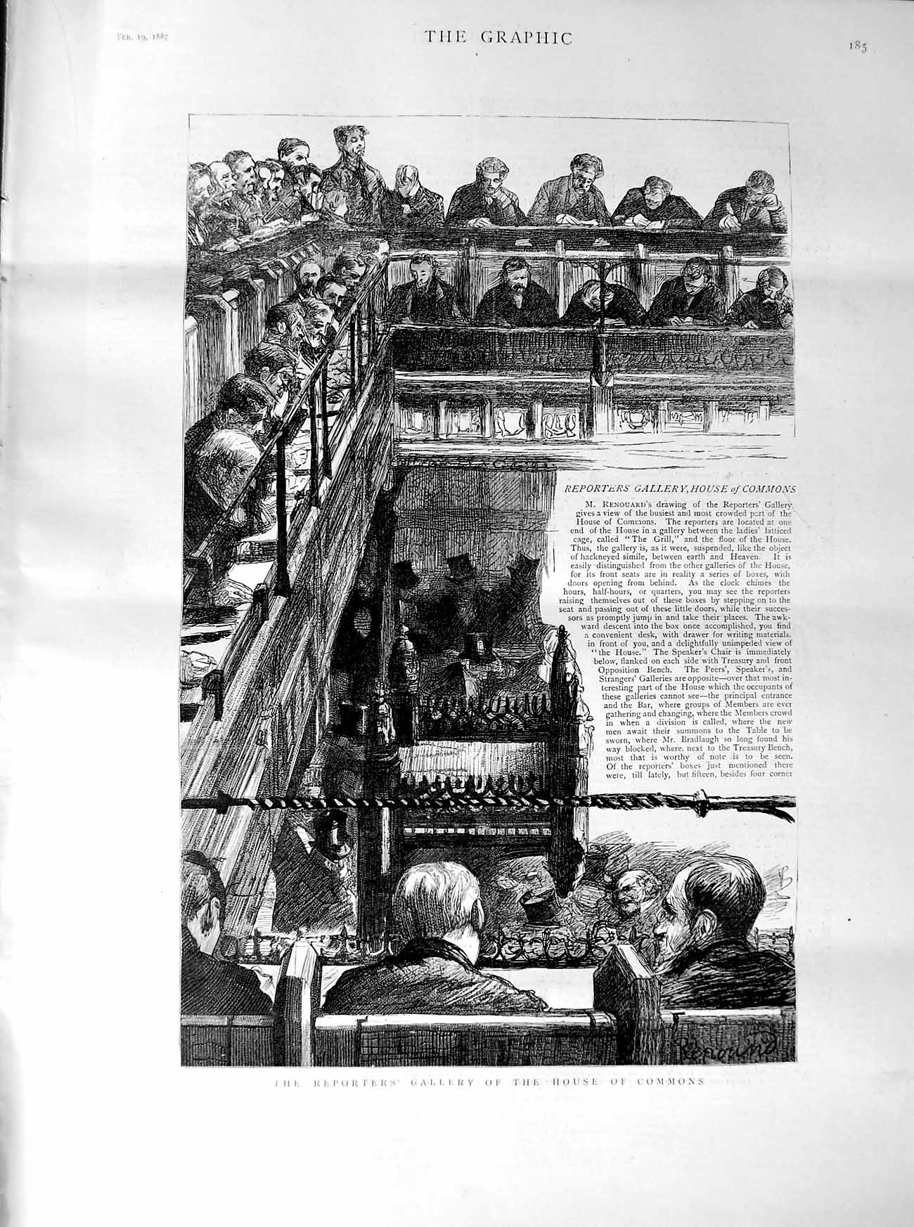 Old Antique Print 1887 Reporters Gallery House Commons Parliament Scene 19th