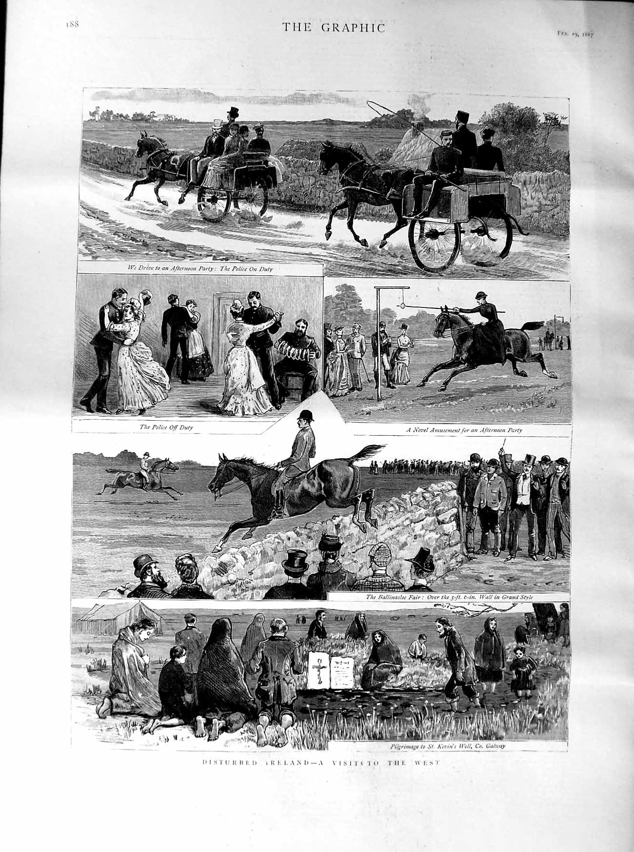 Old Antique Print 1887 Ireland Police Horse Cart Ballinasloe Kevin'S Well 19th