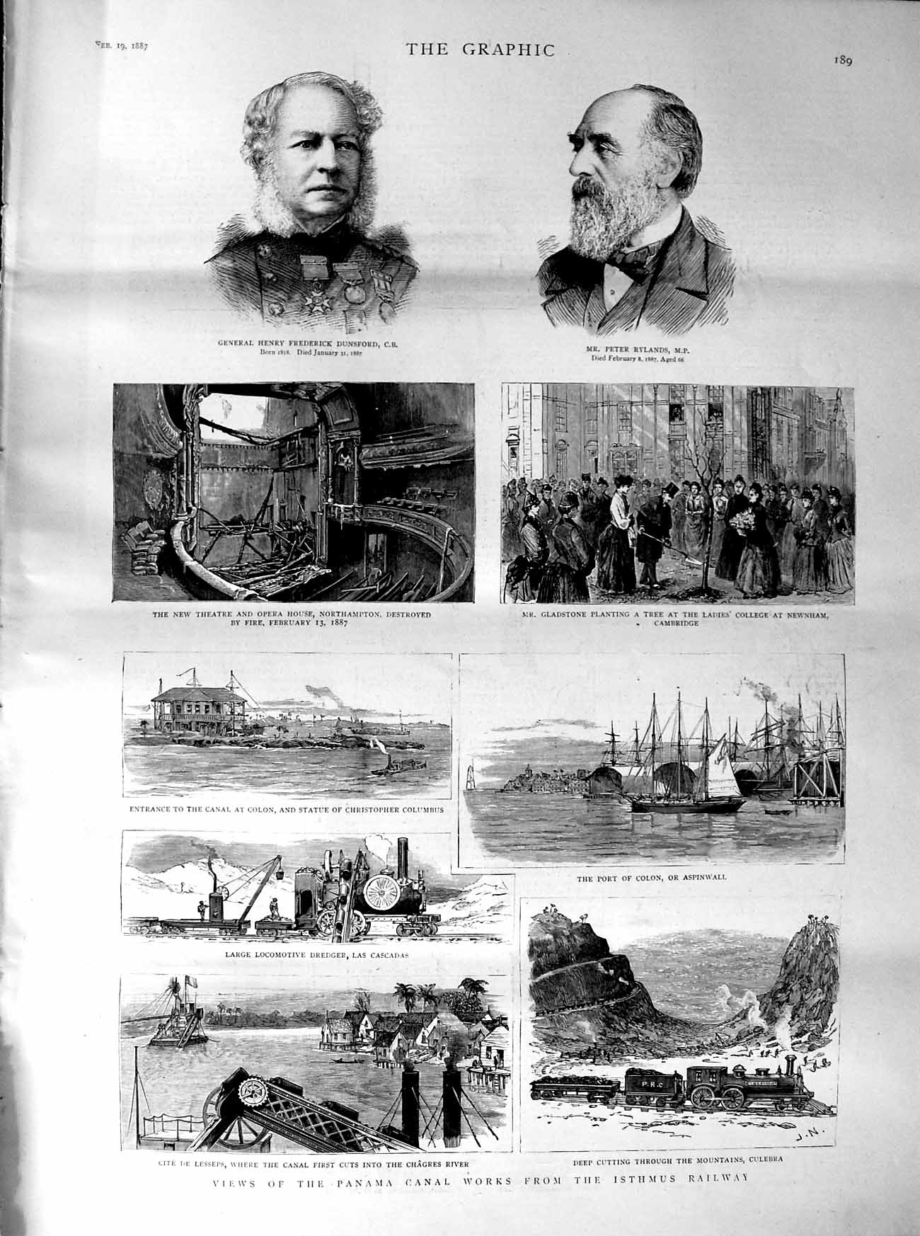 Original Old Antique Print 1887 Dunsford Rylands Theatre Isthmus Railway 19th