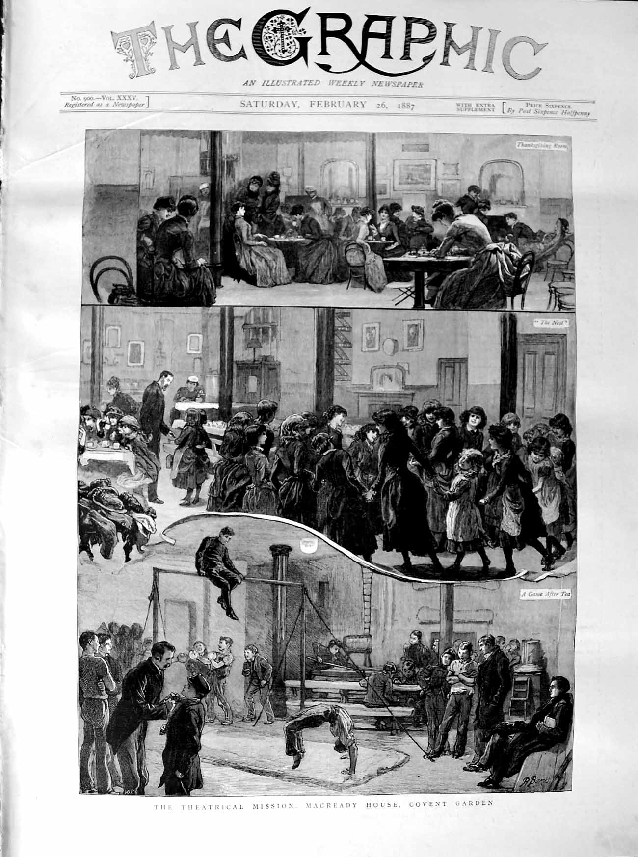 Antique Old Print *3097 1887 Theatrical Mission Macready House Covent Garden