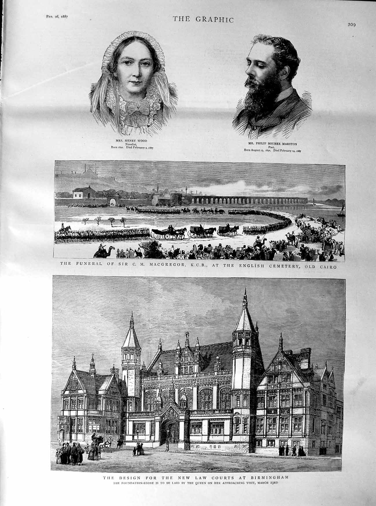 Original Old Antique Print 1887 Wood Marston Funeral Cairo Law Court Birmingham