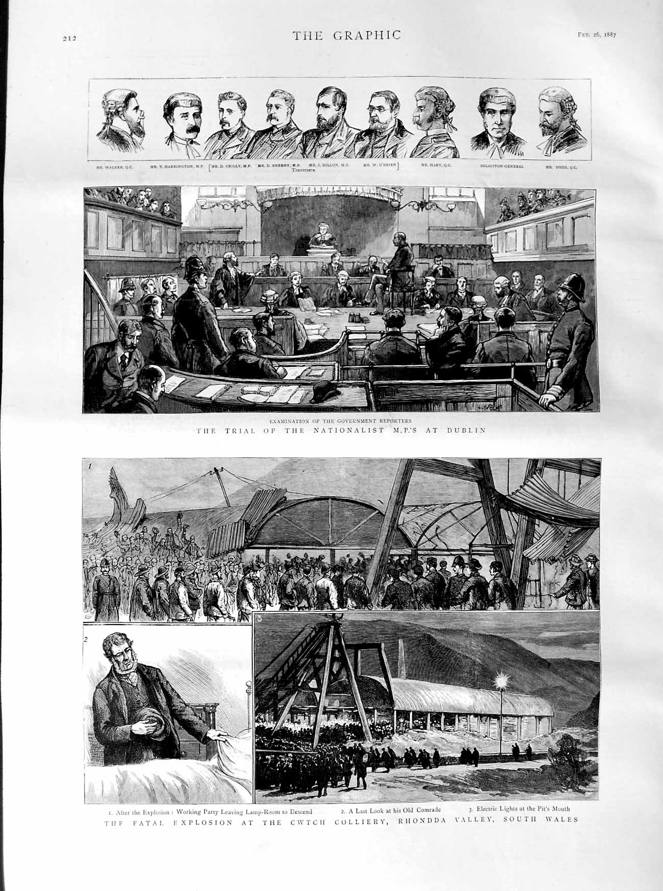 Original Old Antique Print 1887 Cwtch Colliery Wales Court Dublin Walker Dillon