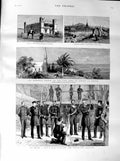 Original Old Antique Print 1887 Man-Of-War Ship Chapel Albany Cannes Makelle