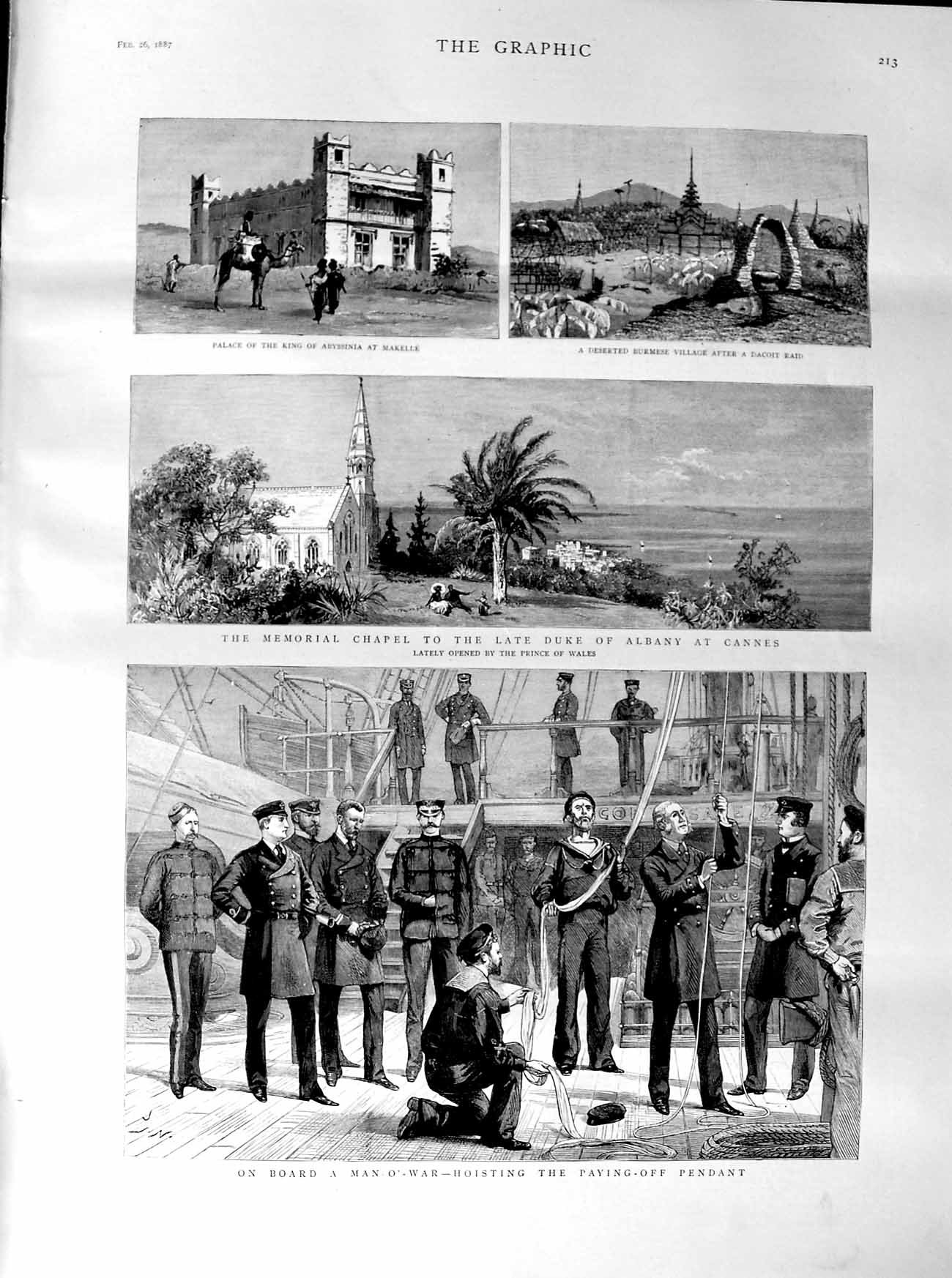 Original Old Antique Print 1887 Man-Of-War Ship Chapel Albany Cannes Makelle