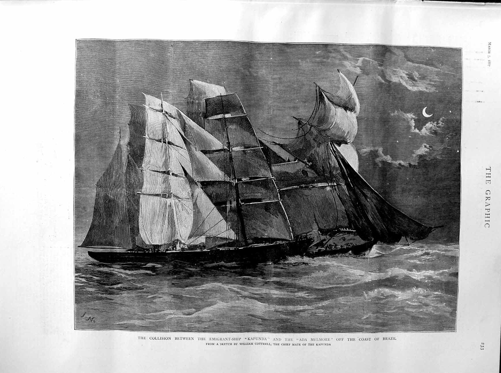 Original Old Antique Print 1887 Collision Emigrant Ship Kapunda Ada Melmore 19th
