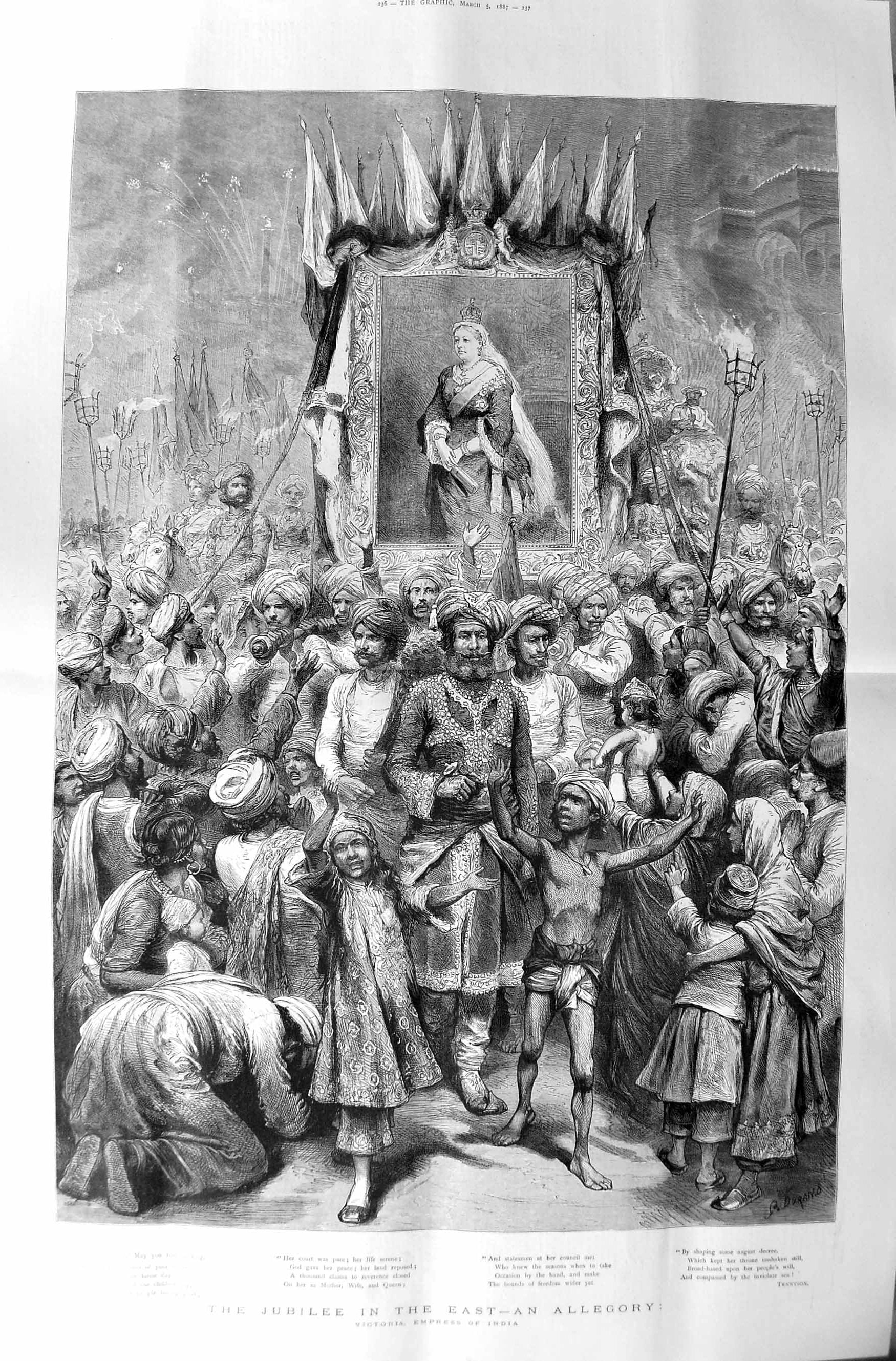 Old Antique Print 1887 Jubilee Empress India Allegory Children Natives 19th