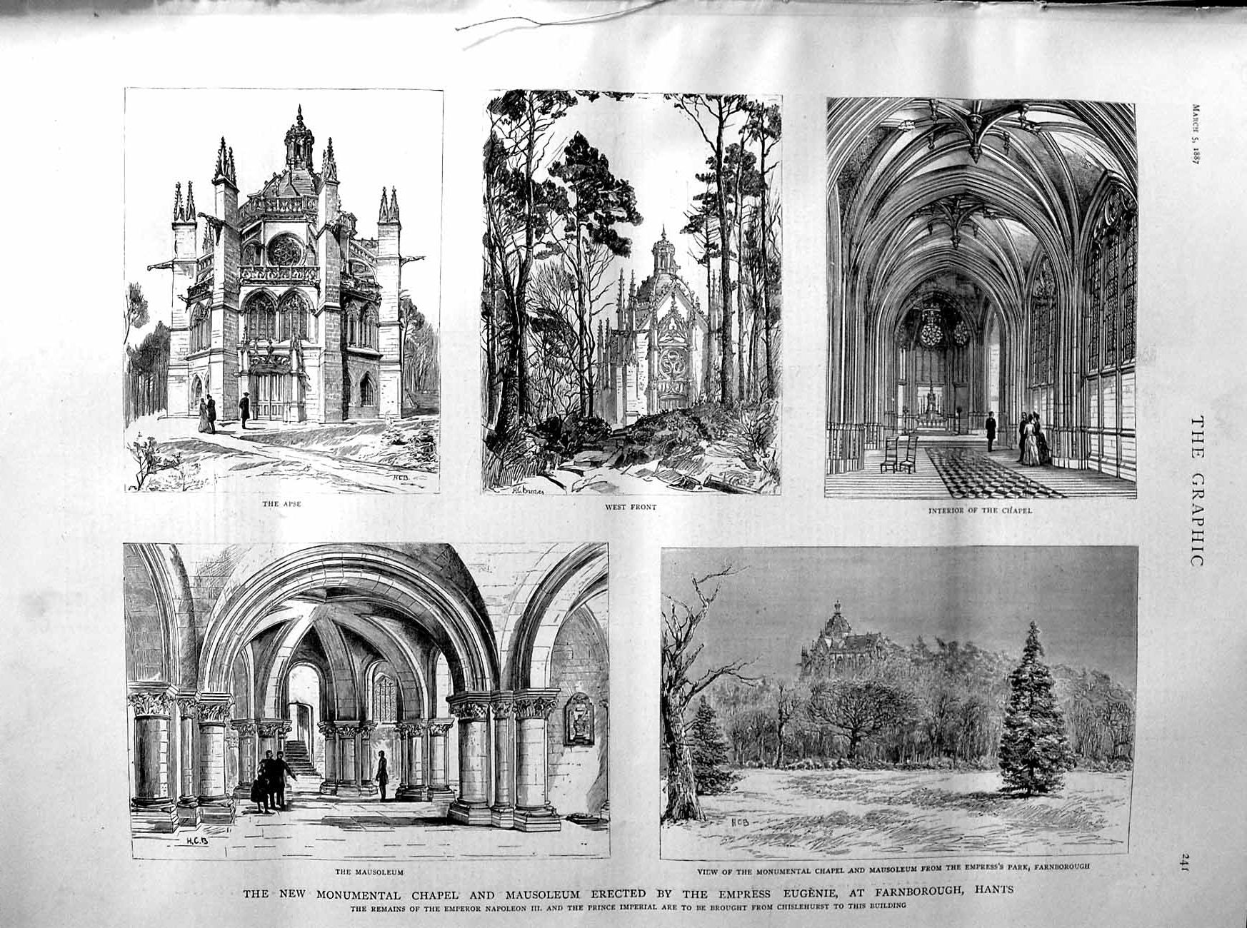 Old Antique Print 1887 Chapel Mausoleum Farnborough Hants Empress Eugenie 19th