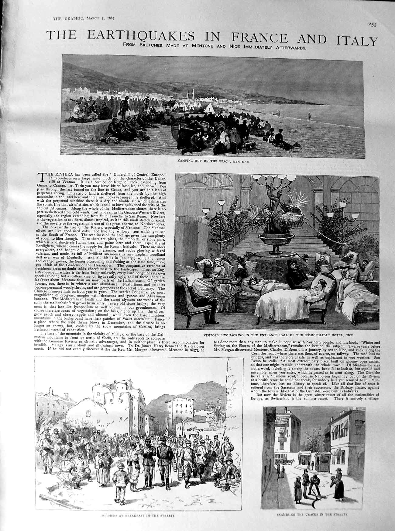 Original Old Antique Print 1887 Earthquake France Italy Mentone Hotel Nice 19th