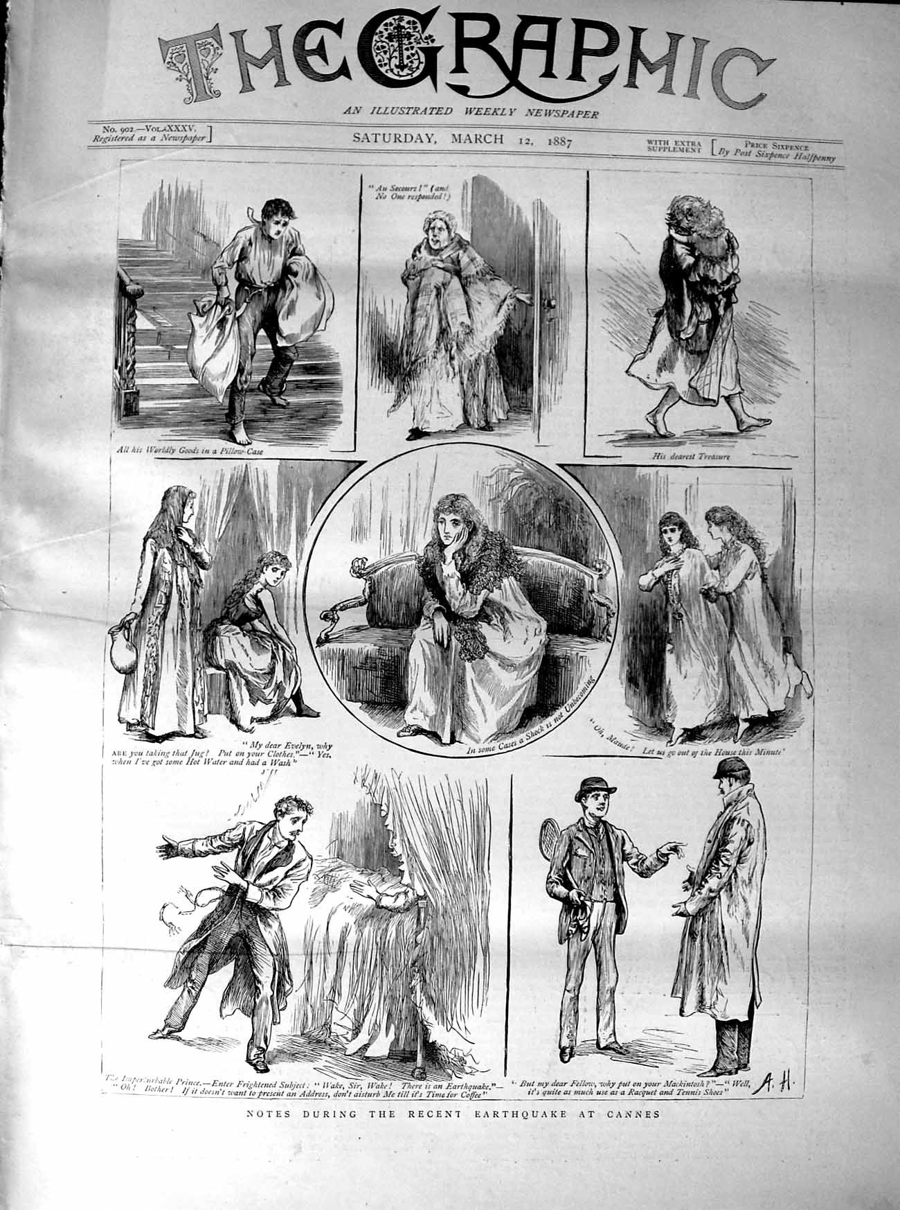 Original Old Antique Print 1887 Earthquake Cannes France Family Escape 19th
