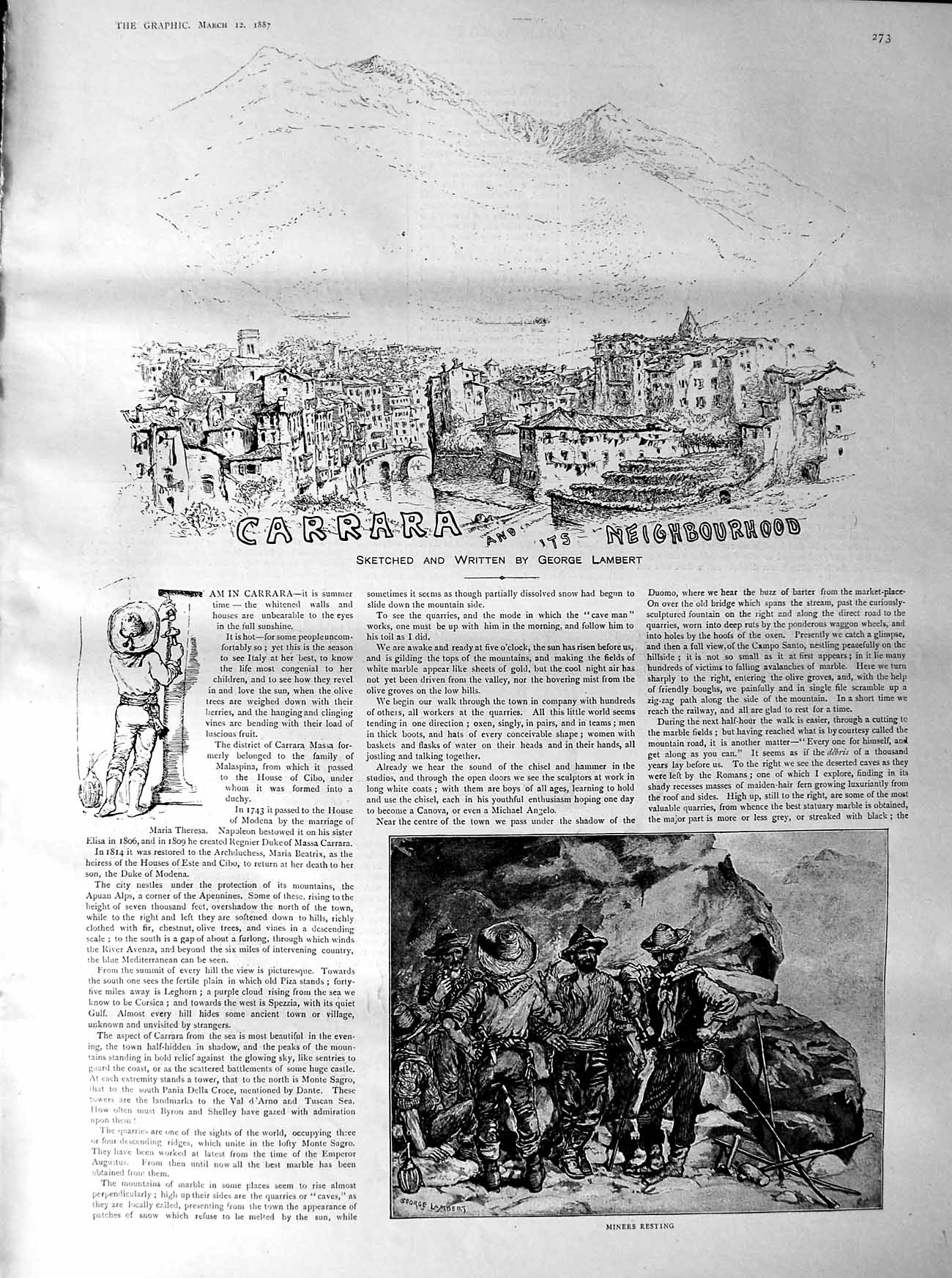 Original Old Antique Print 1887 Carrara Miners Duomo Mountain Climbi Victorian