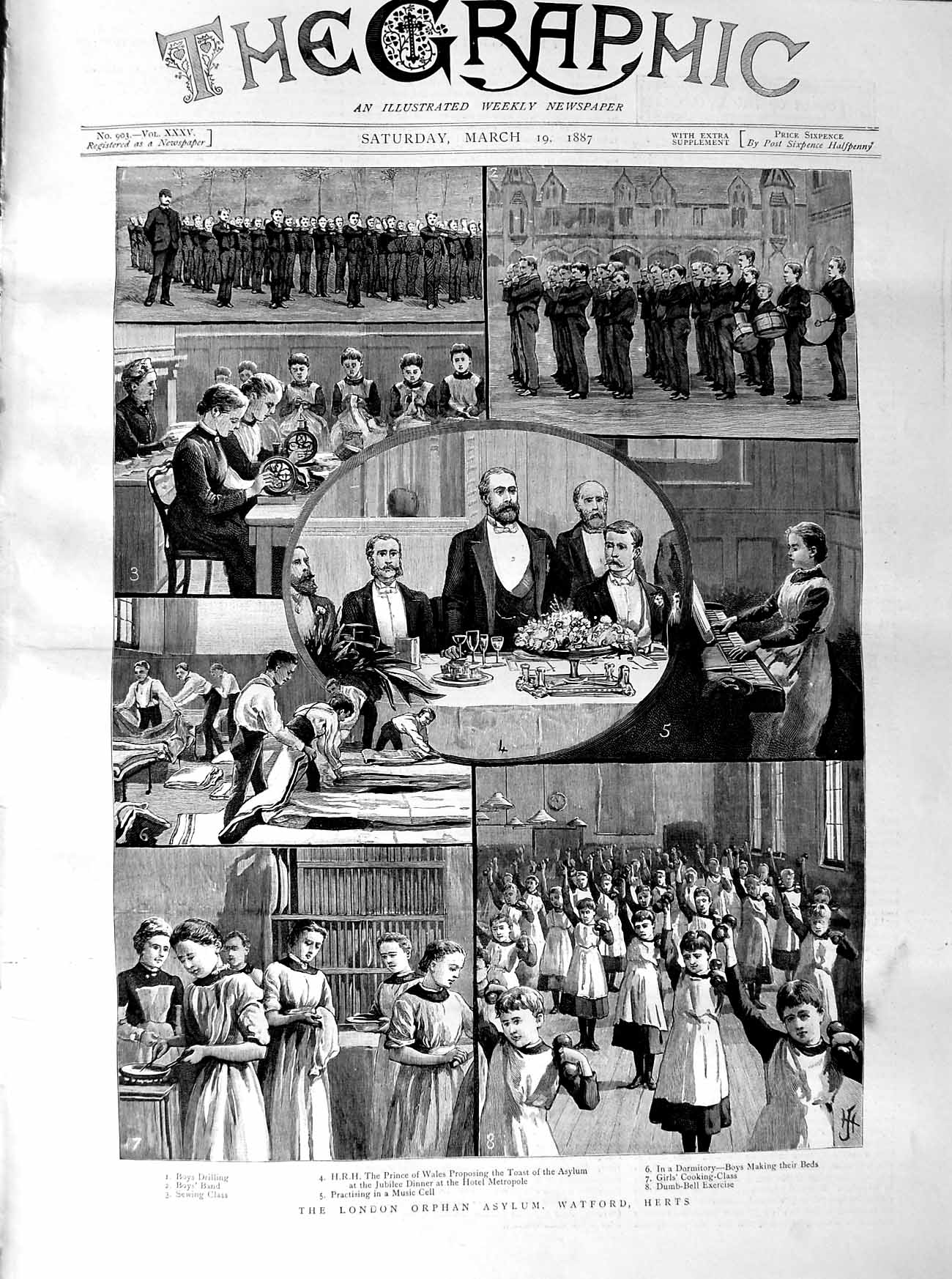 Original Old Antique Print 1887 London Orphan Asylum Watford Herts Prince Wales