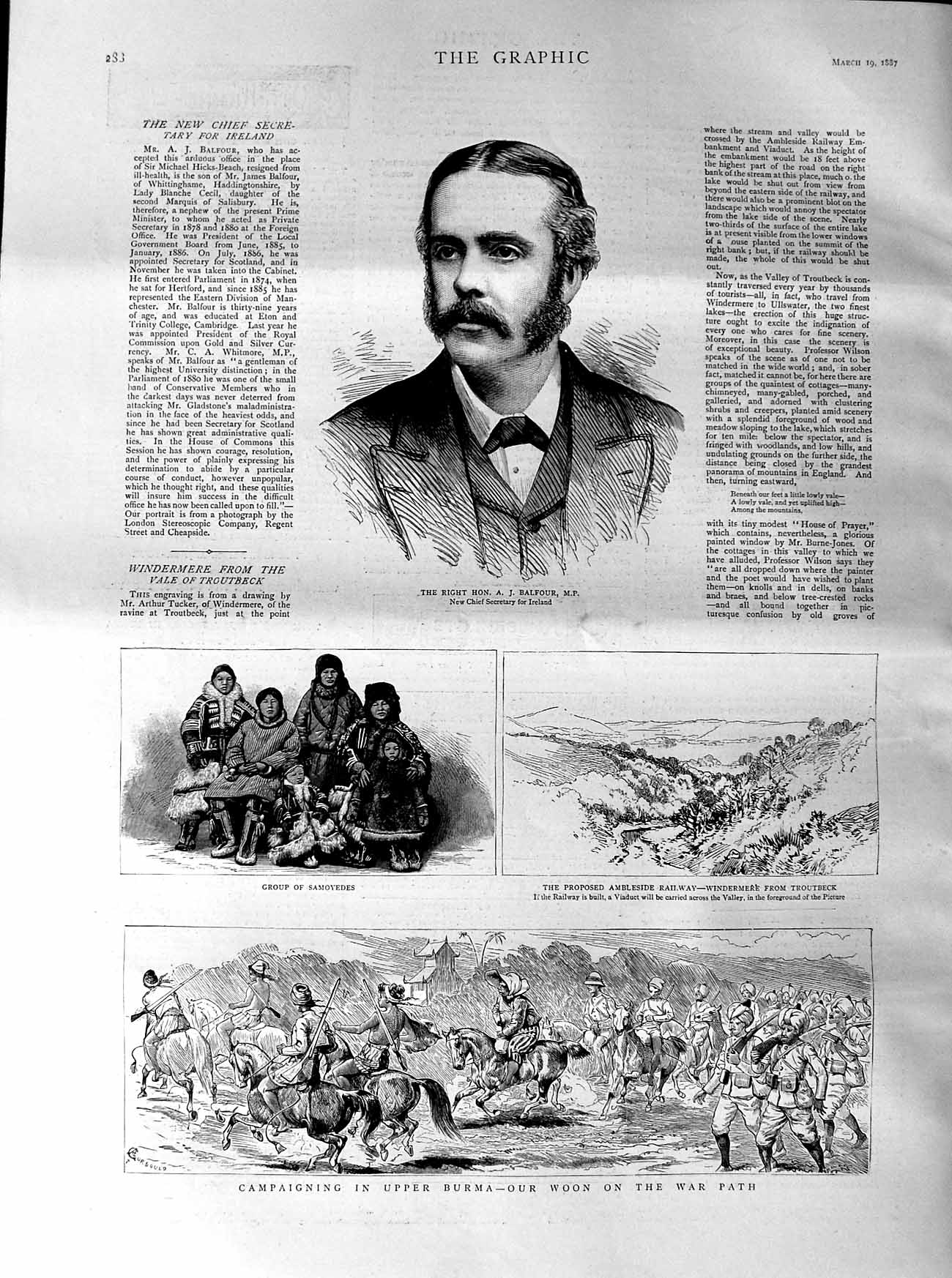 Original Old Antique Print 1887 Balfour Ireland Burma Samoyedes Railway Win 19th